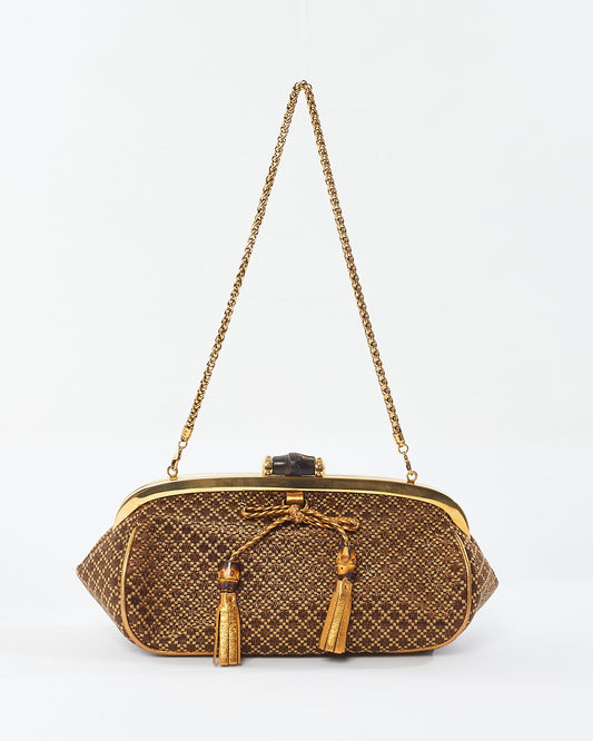 Gucci Vintage Brown & Gold Bamboo Shoulder Chain Clutch