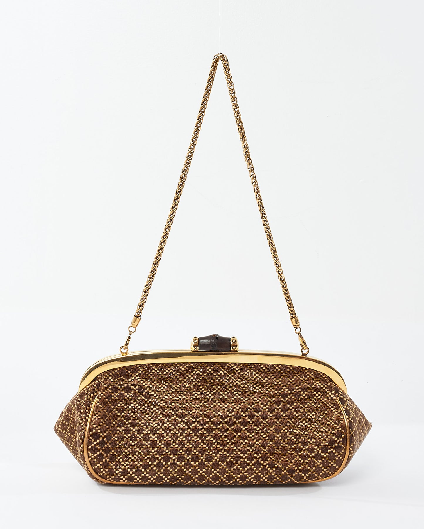 Gucci Vintage Brown & Gold Bamboo Shoulder Chain Clutch