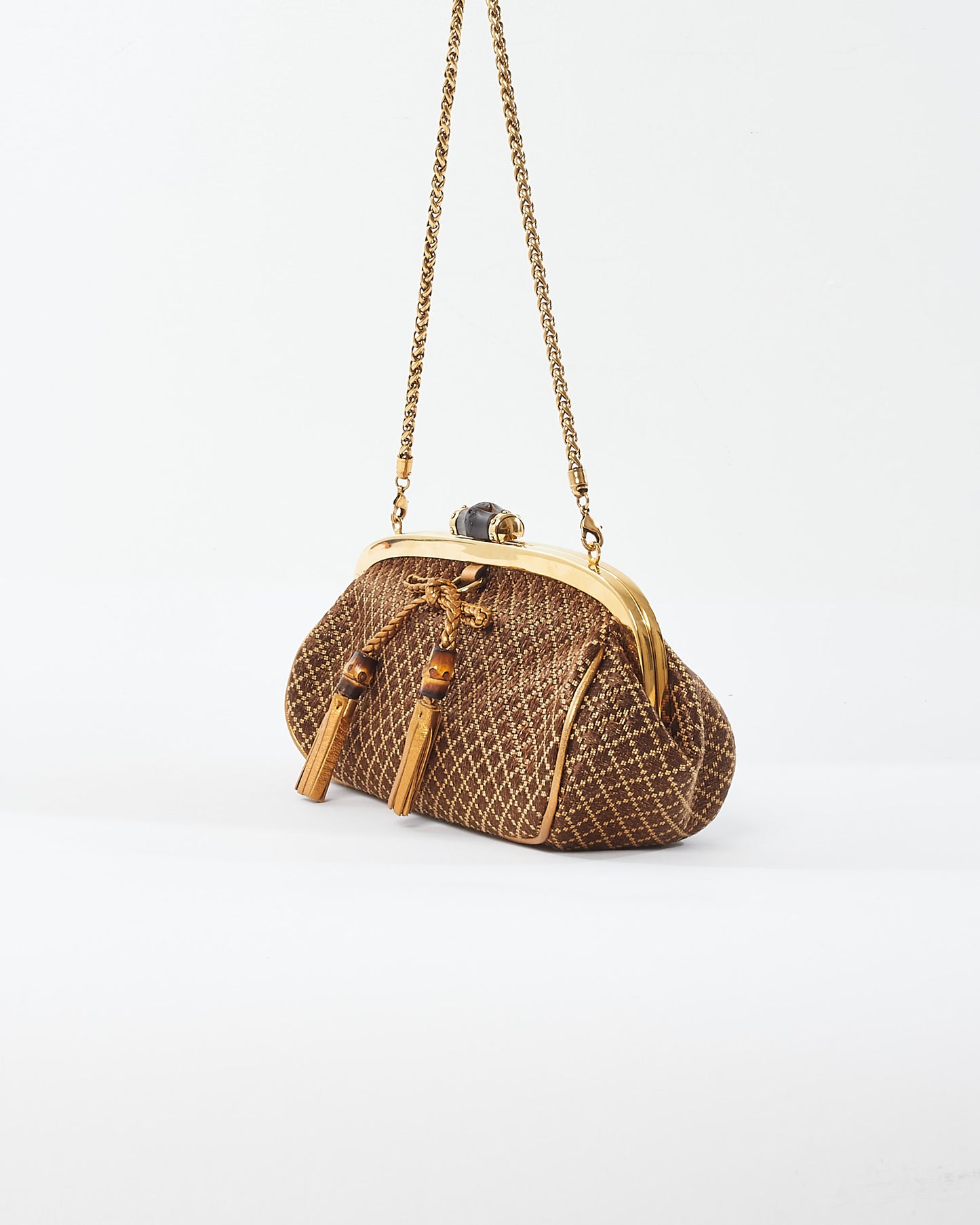 Gucci Vintage Brown & Gold Bamboo Shoulder Chain Clutch