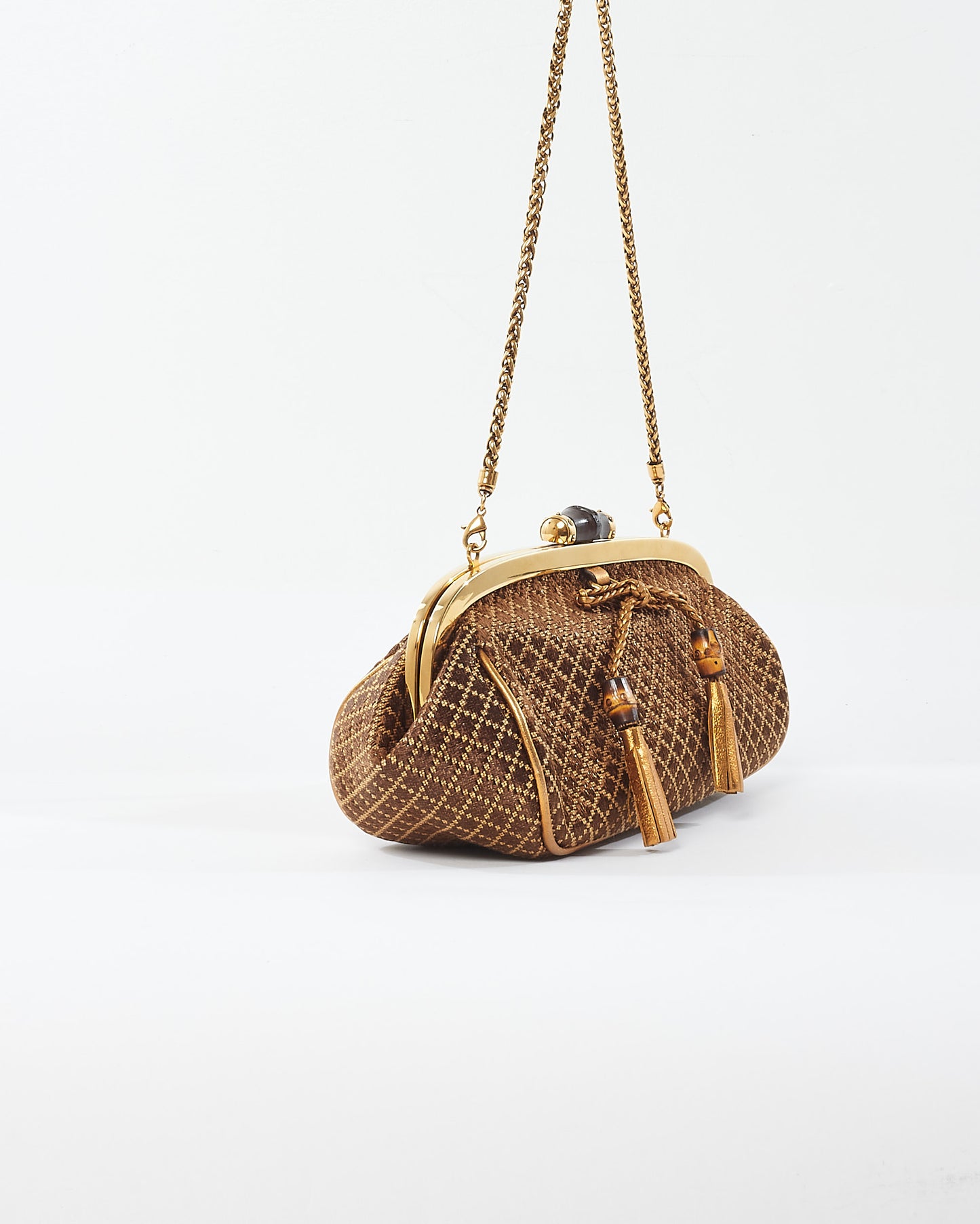 Gucci Vintage Brown & Gold Bamboo Shoulder Chain Clutch