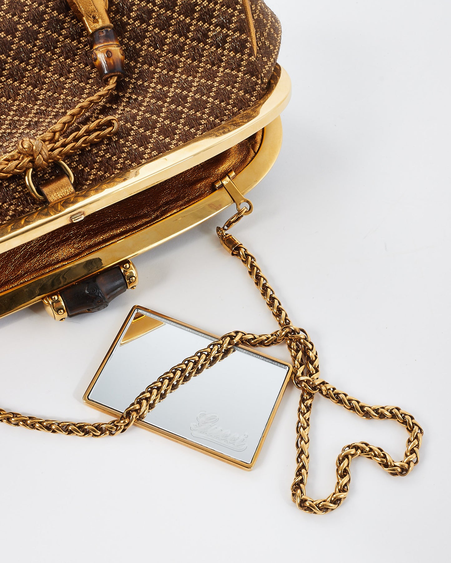 Gucci Vintage Brown & Gold Bamboo Shoulder Chain Clutch