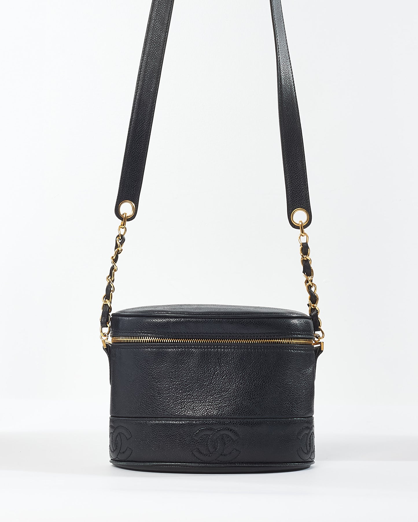 Chanel Vintage Black Leather Embossed Logo Crossbody Bag