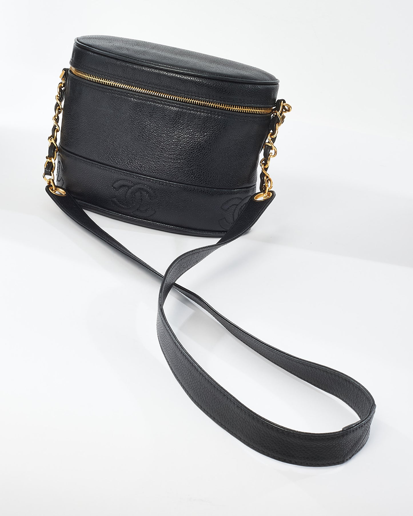 Chanel Vintage Black Leather Embossed Logo Crossbody Bag