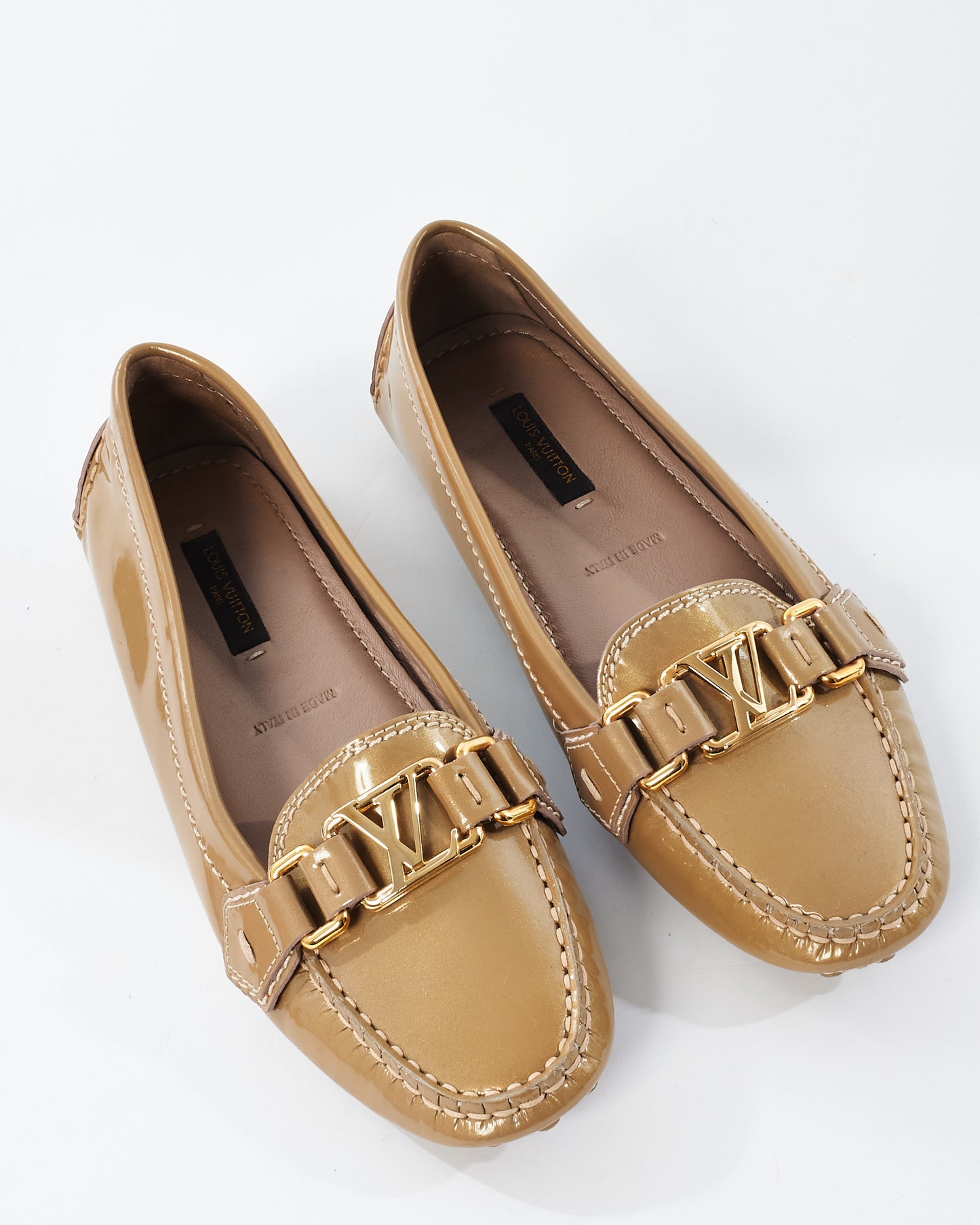 Louis Vuitton Beige Patent Leather Logo Loafers - 35