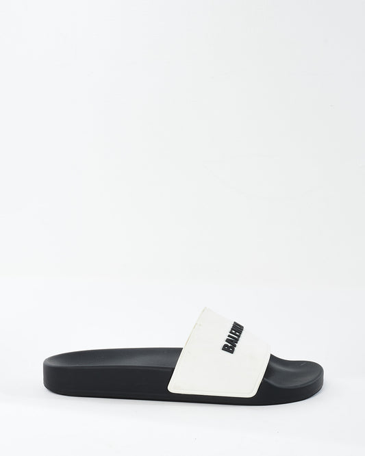 Balenciaga White Rubber Logo Pool Slides - 8