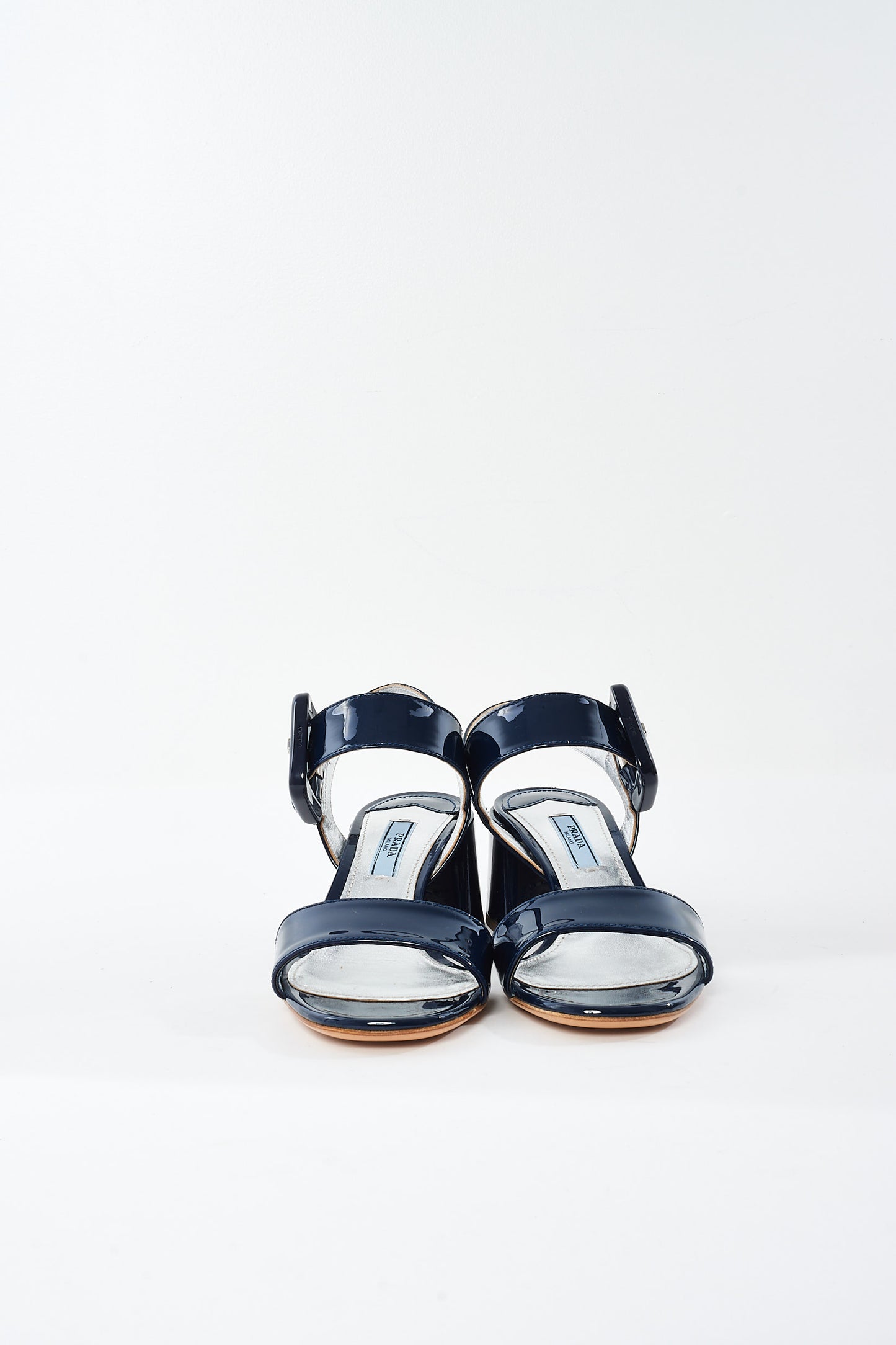 Prada Navy Patent Leather Block Heel Sandals - 36