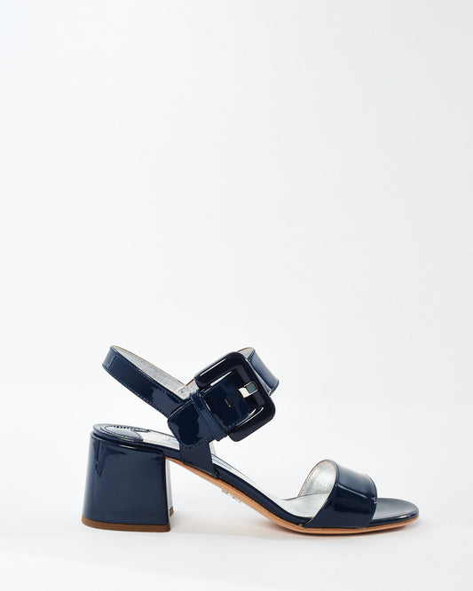 Prada Navy Patent Leather Block Heel Sandals - 36