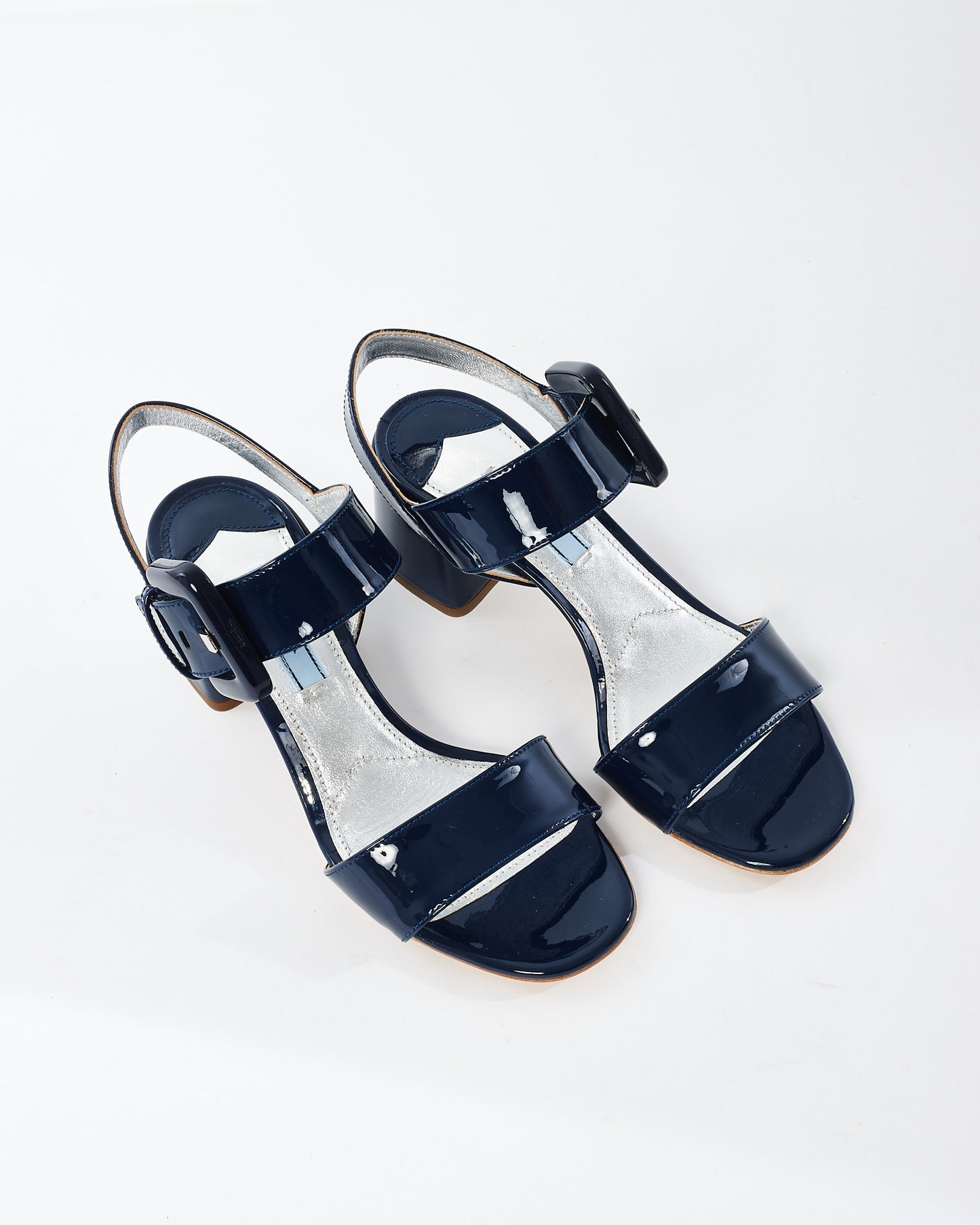 Prada Navy Patent Leather Block Heel Sandals - 36