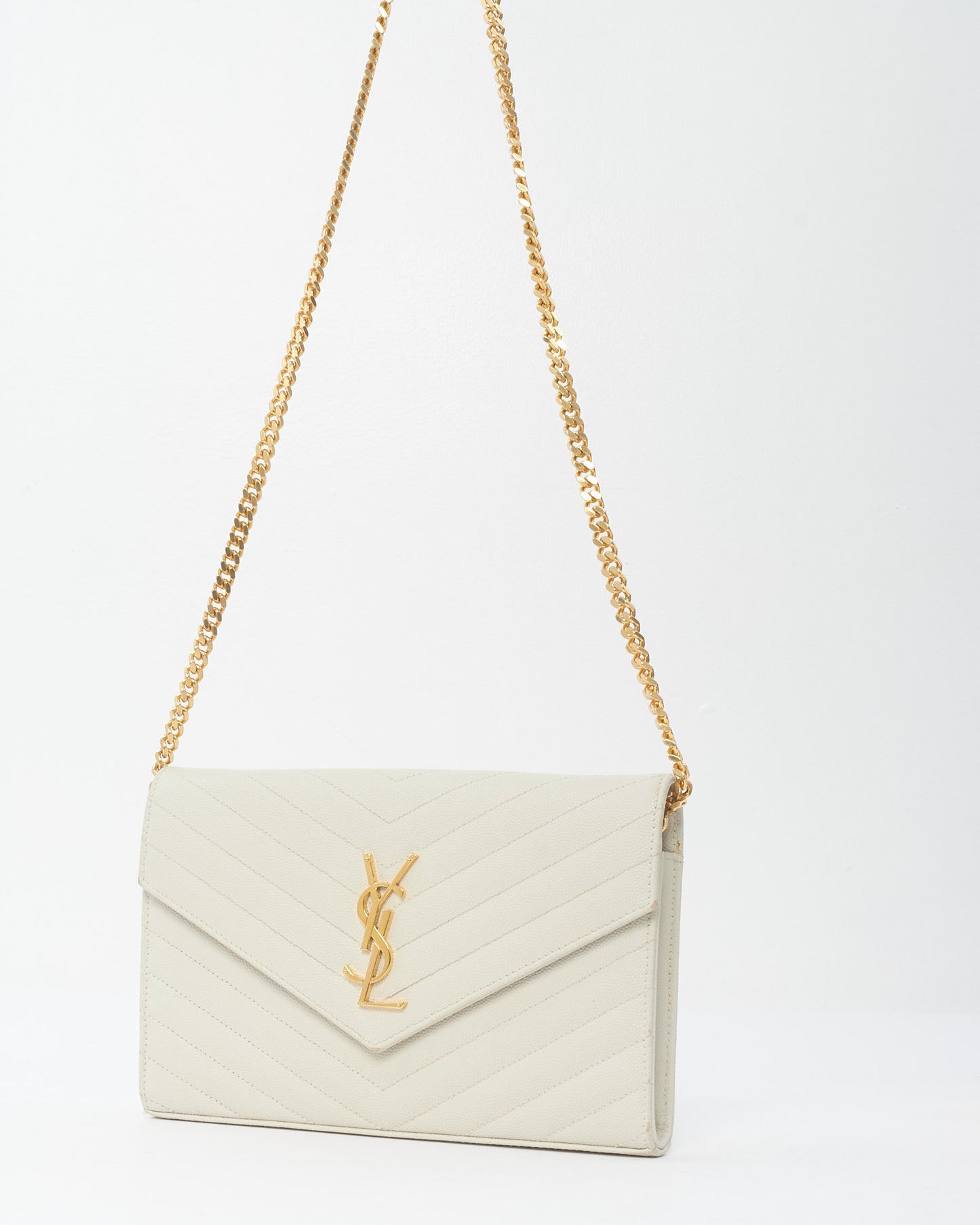 Saint Laurent White Grain De Poudre Leather Cassandre Crossbody Bag