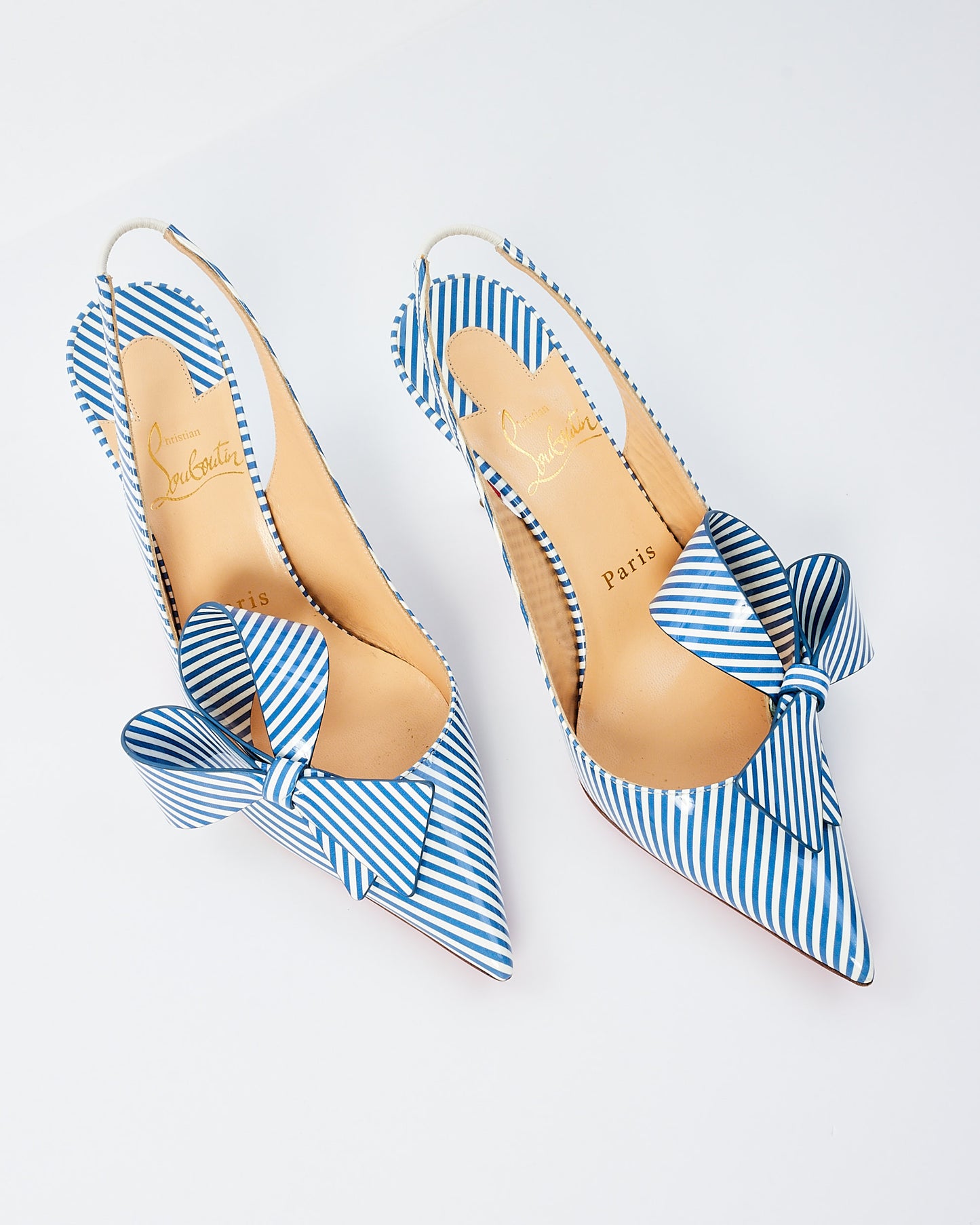 Christian Louboutin White/Blue Stripe Patent Leather Clare Nodo 80mm Pumps - 36