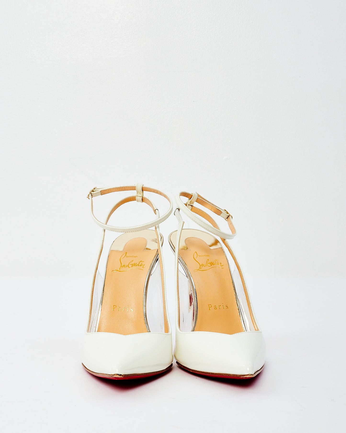 Christian Louboutin White & Silver Patent Leather Ankle Strap Pumps - 38.5