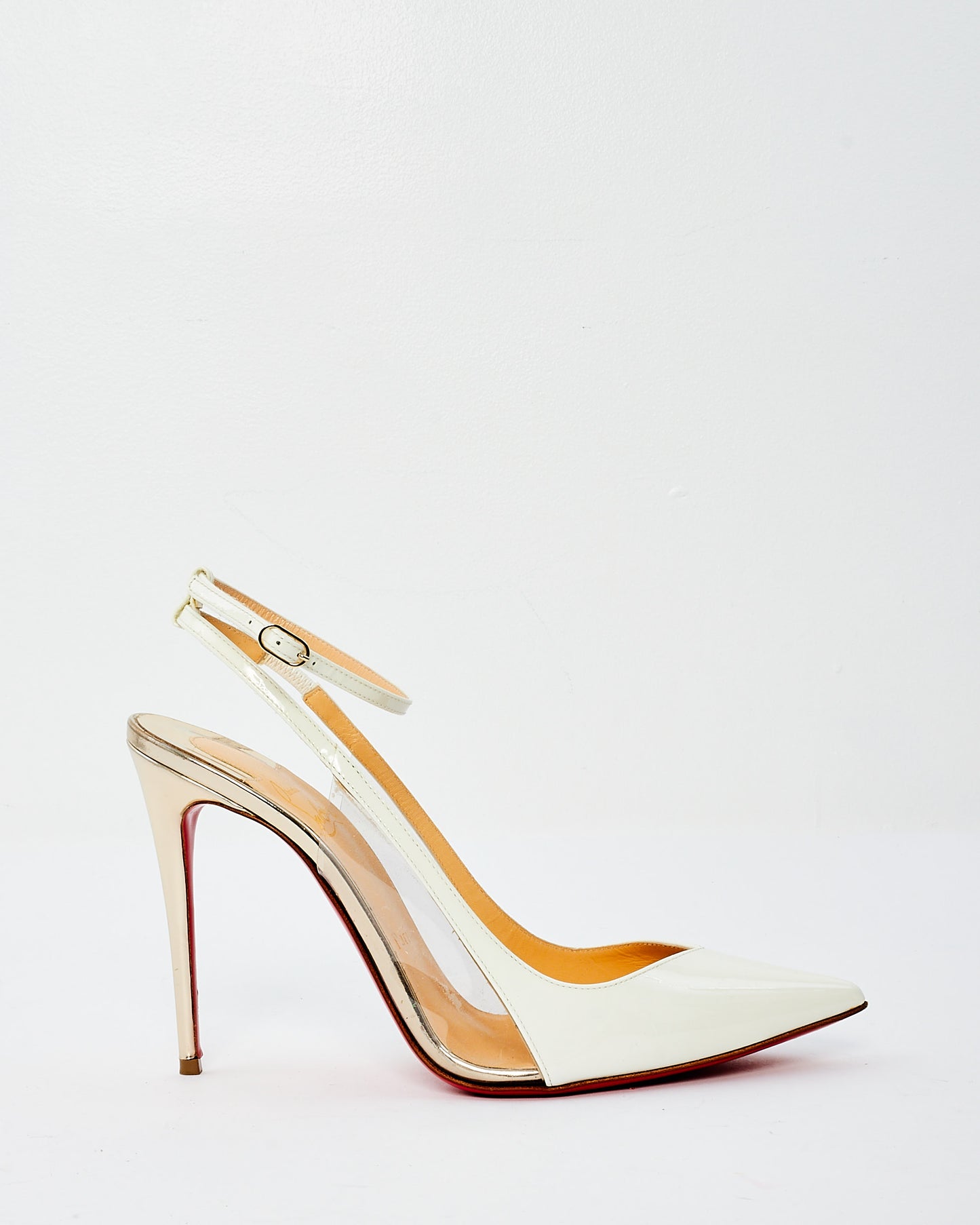 Christian Louboutin White & Silver Patent Leather Ankle Strap Pumps - 38.5