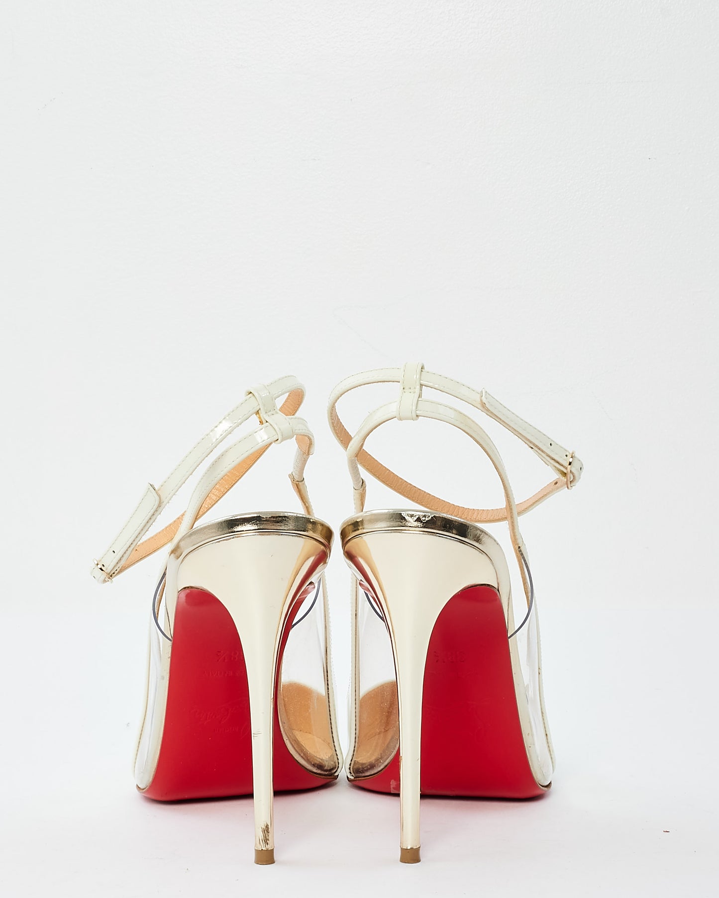 Christian Louboutin White & Silver Patent Leather Ankle Strap Pumps - 38.5