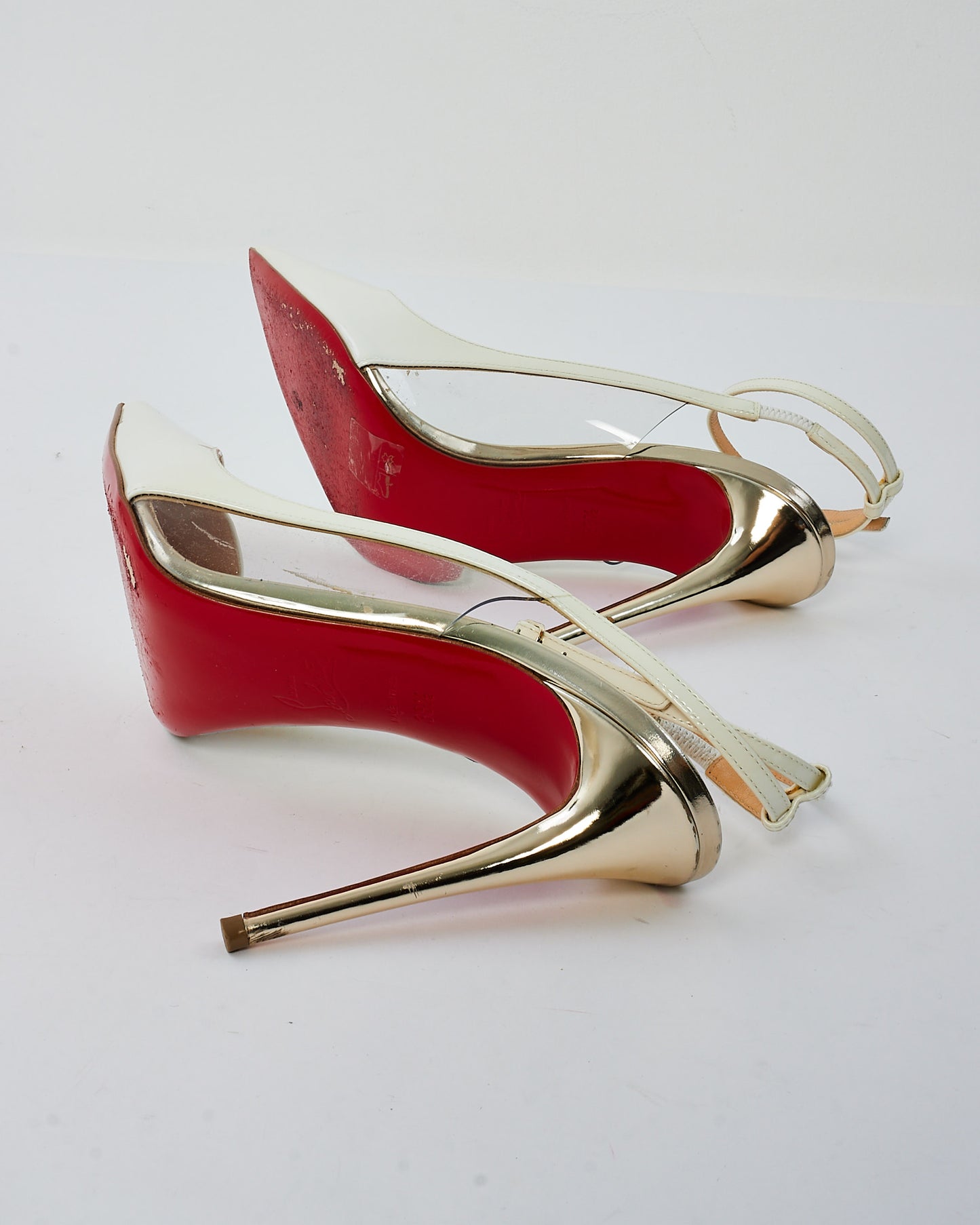 Christian Louboutin White & Silver Patent Leather Ankle Strap Pumps - 38.5