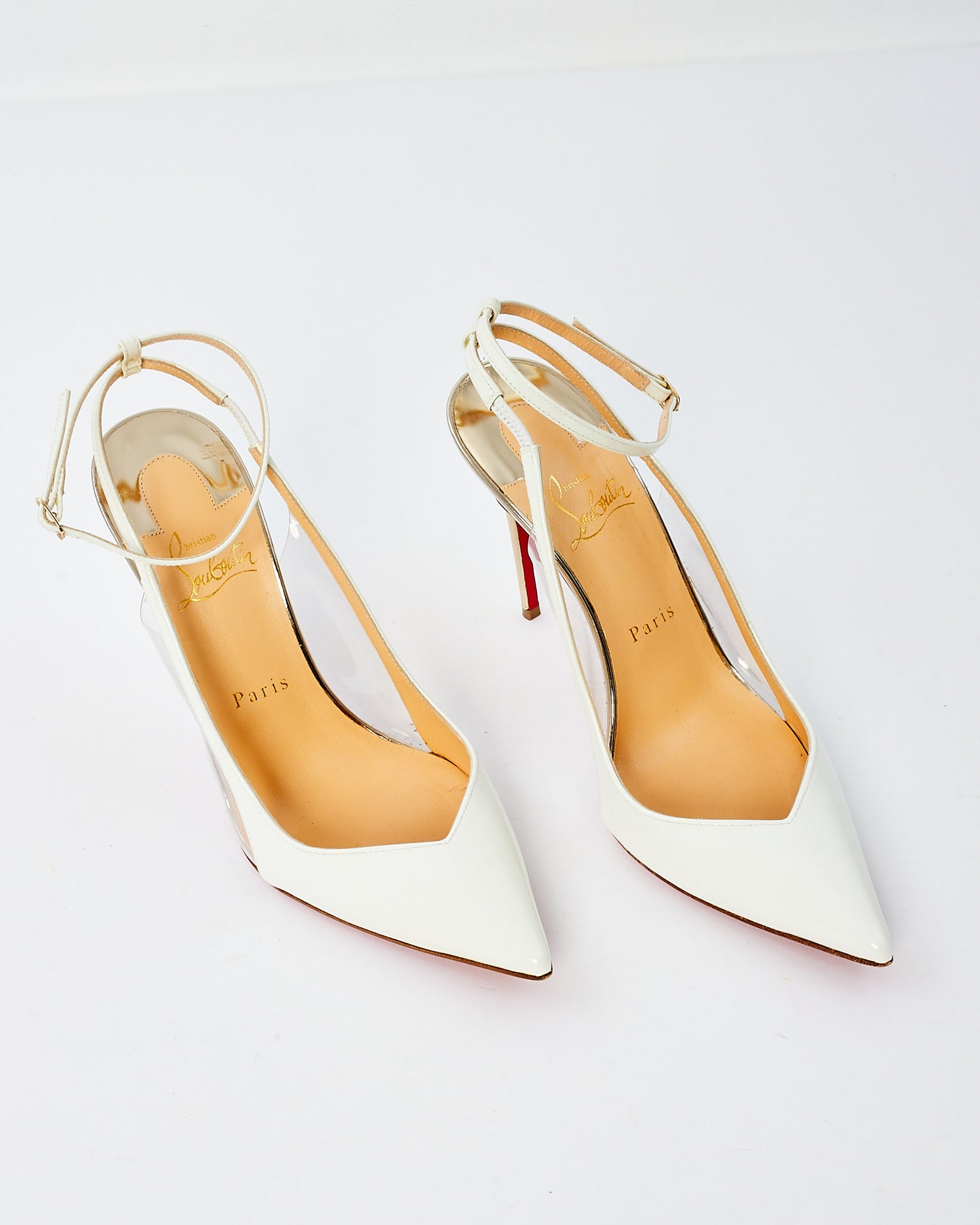 Christian Louboutin White & Silver Patent Leather Ankle Strap Pumps - 38.5