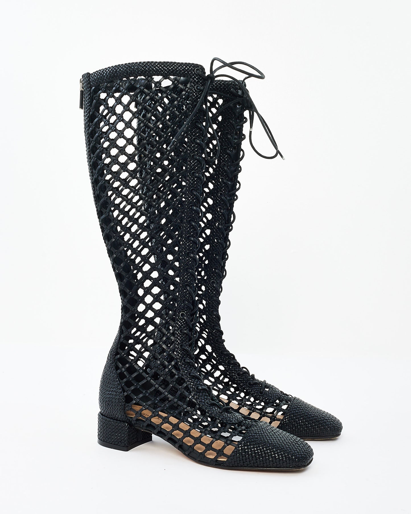 Dior Black Woven Leather Naughtily-D Fishnet Lace Up Boots - 37