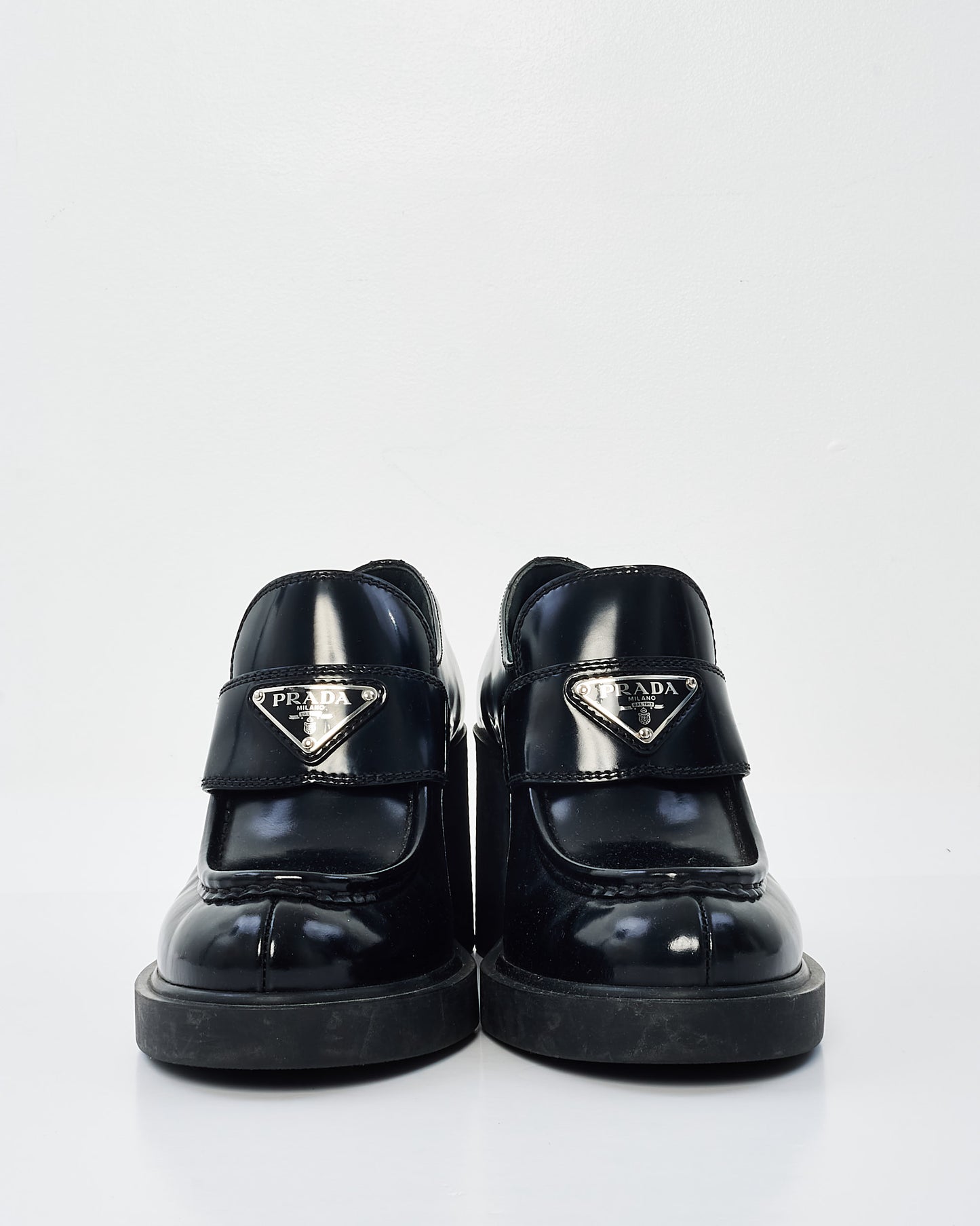 Prada Black Patent Leather Block Heel Logo Loafers - 38