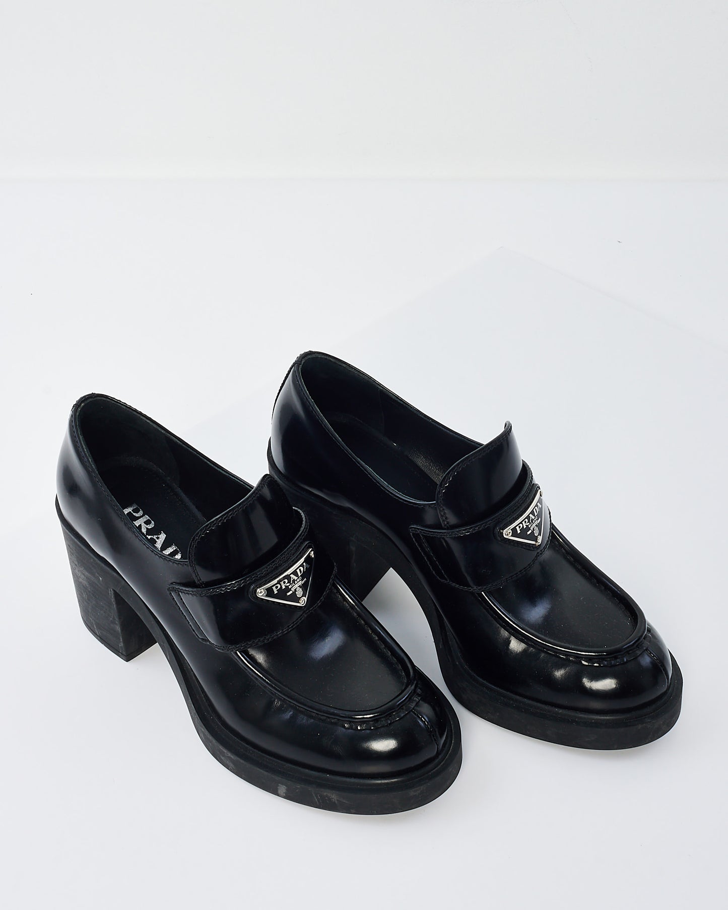 Prada Black Patent Leather Block Heel Logo Loafers - 38