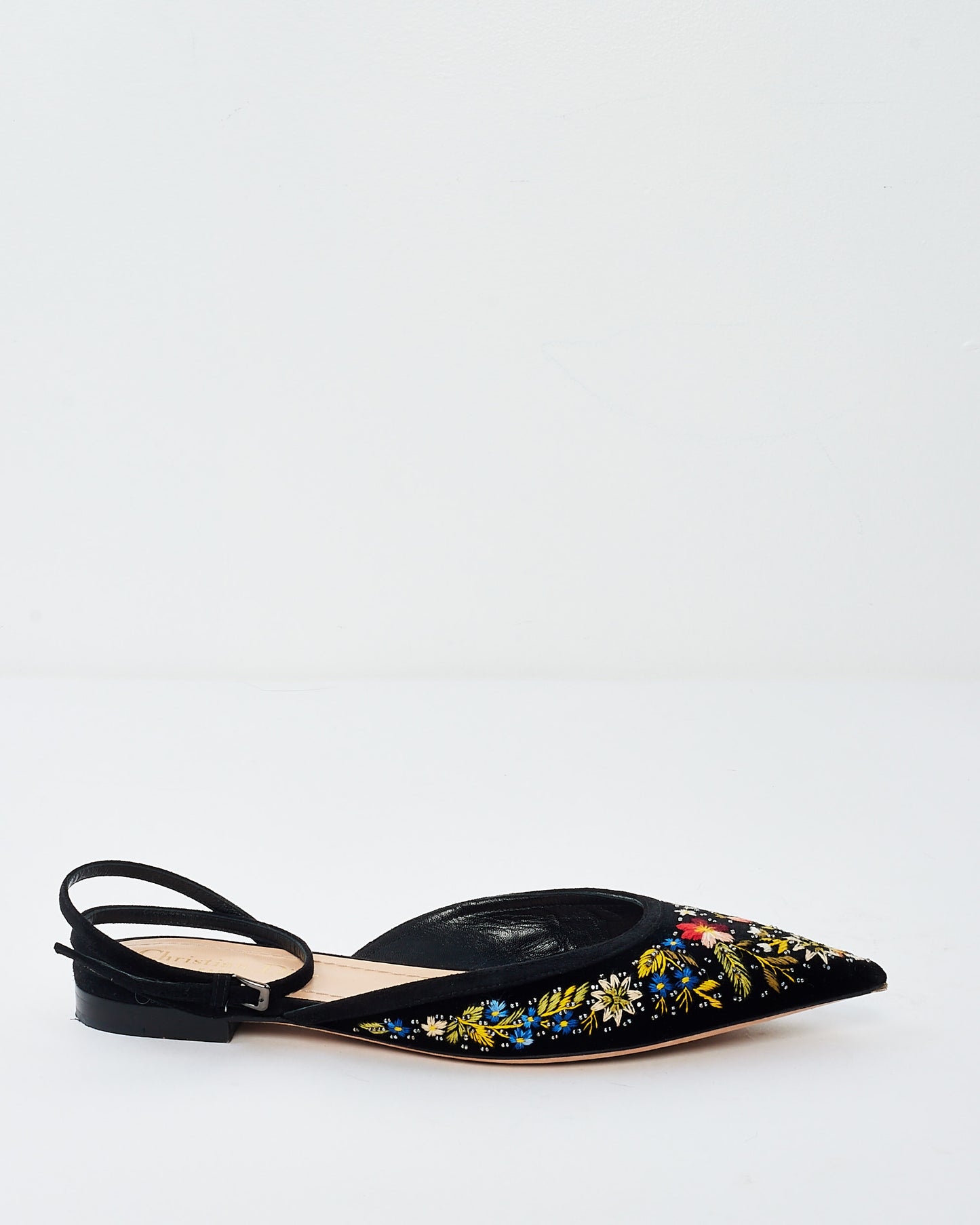 Dior Black Velvet Floral Embroidered Ankle Strap Flats - 37