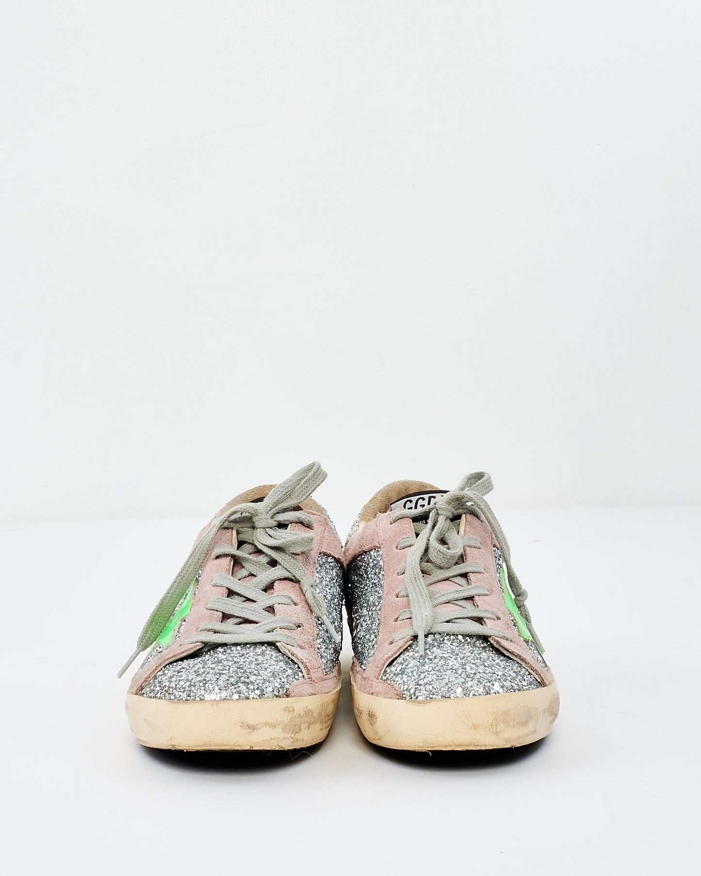 Golden Goose Silver & Green Star Sparkle Low Top Sneakers - 38