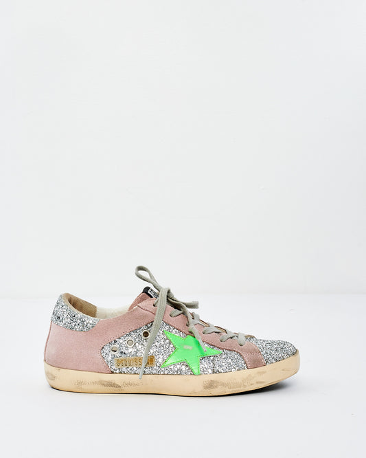 Golden Goose Silver & Green Star Sparkle Low Top Sneakers - 38