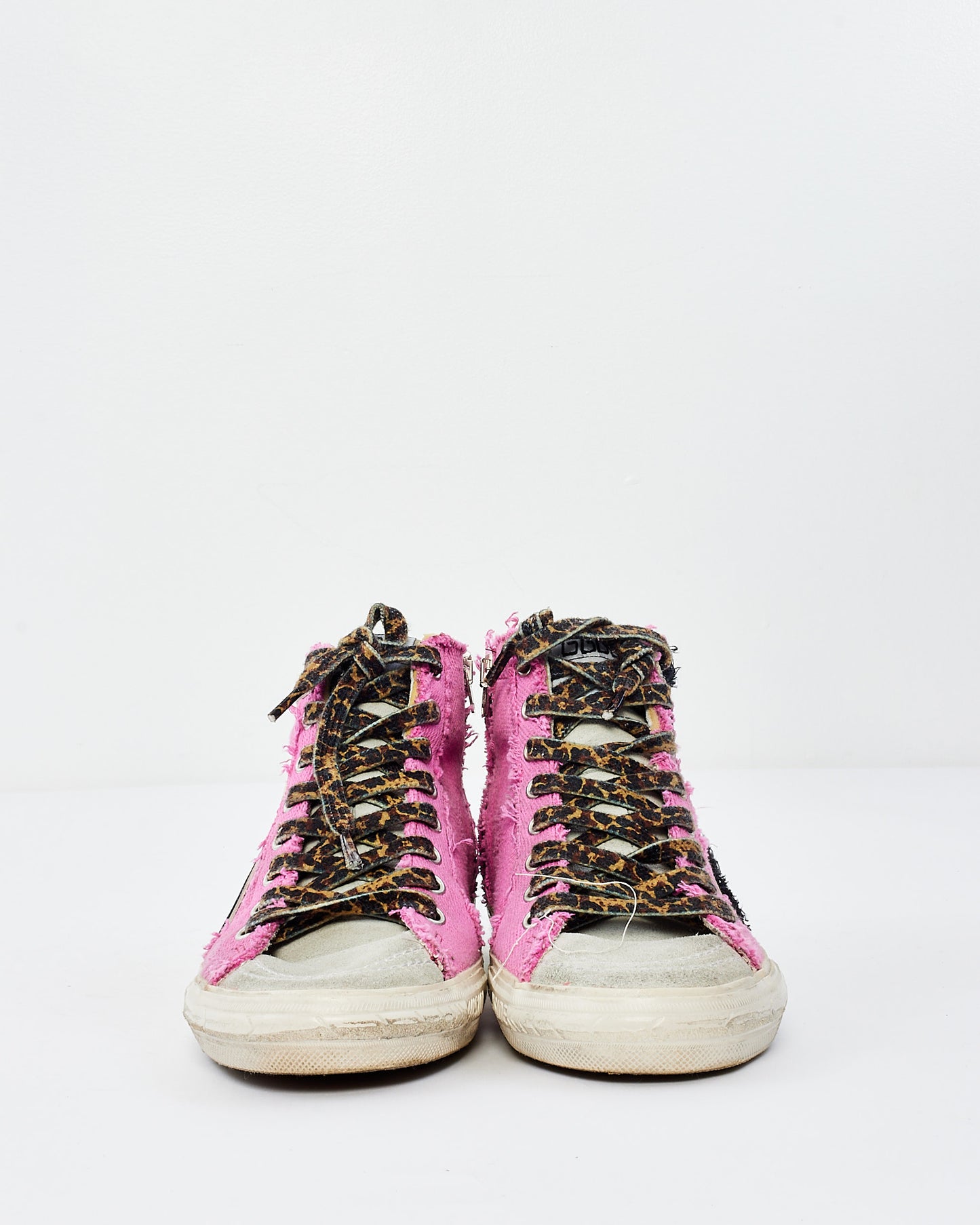 Golden Goose Pink Fabric Leopard Print Laces High Top Sneakers - 37