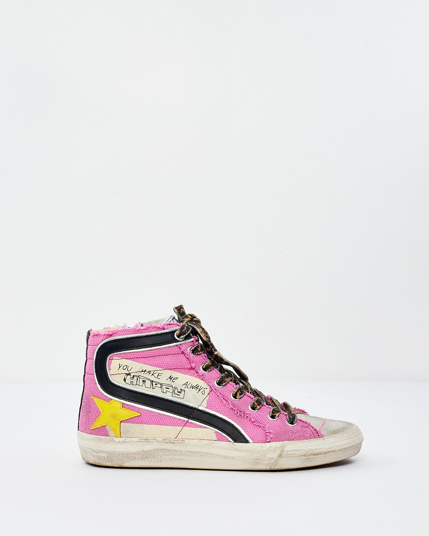 Golden Goose Pink Fabric Leopard Print Laces High Top Sneakers - 37