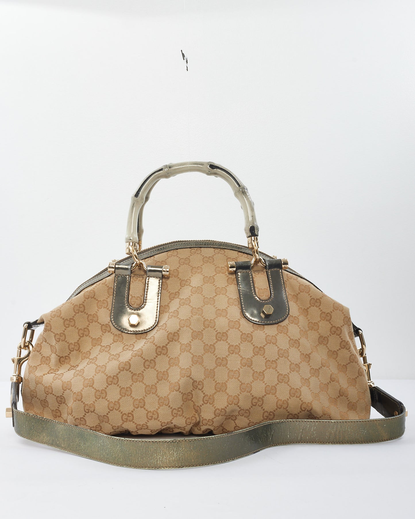 Gucci Beige Monogram Bamboo Frame Satchel Cloth Handbag