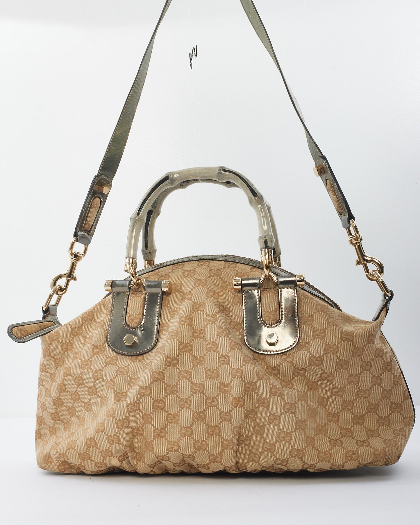 Gucci Beige Monogram Bamboo Frame Satchel Cloth Handbag