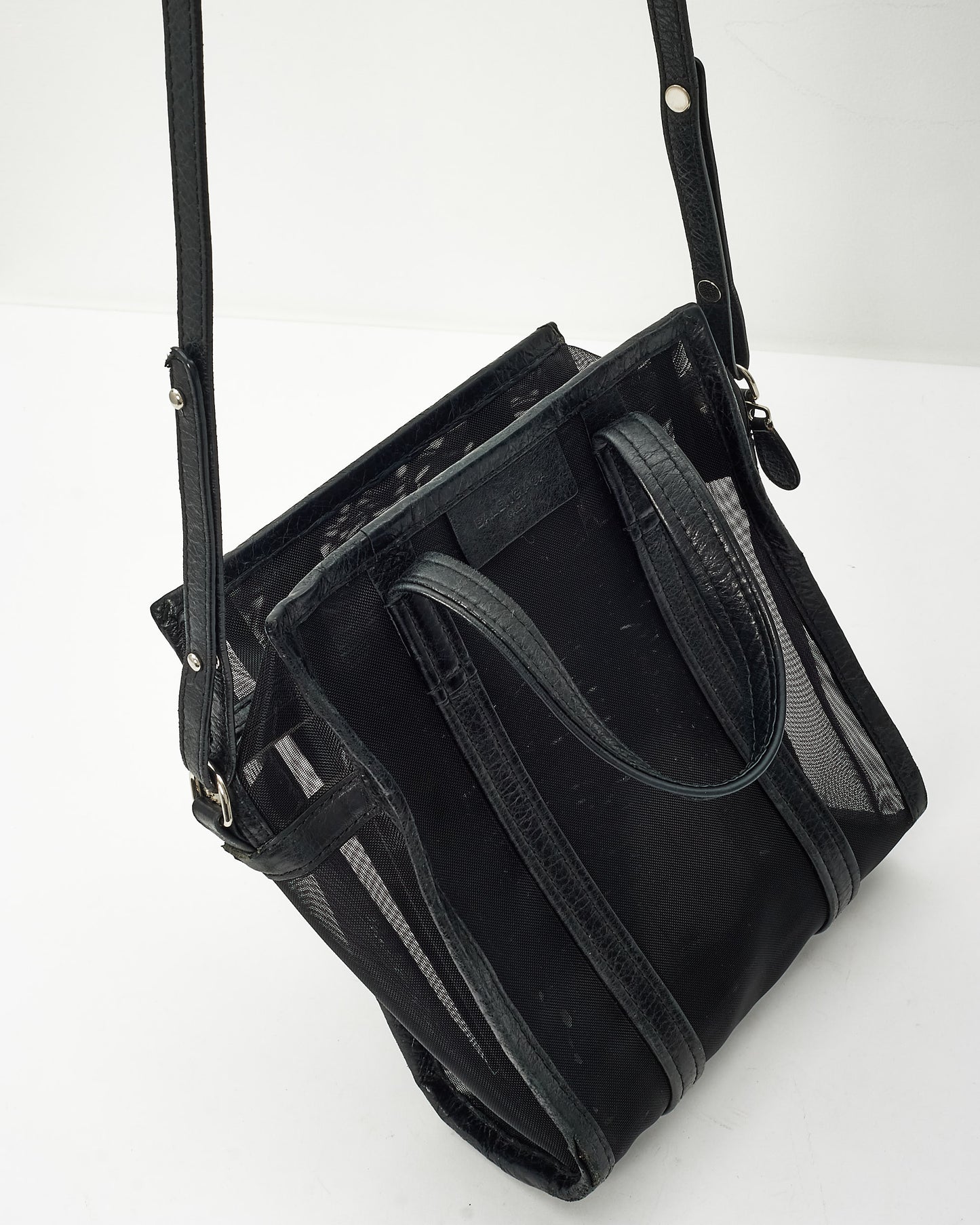 Balenciaga Black Mesh & Leather S Shopper Tote Bag