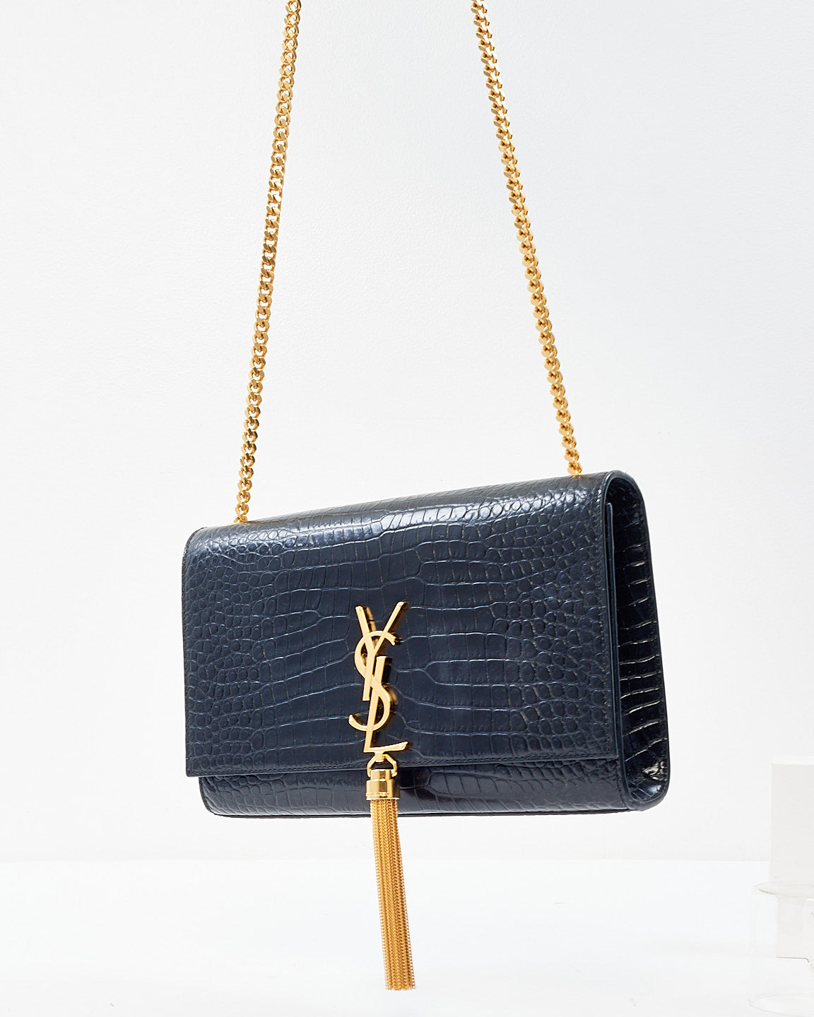 Saint Laurent Black Croc Embossed Kate Tassel Medium Crossbody Clutch Bag