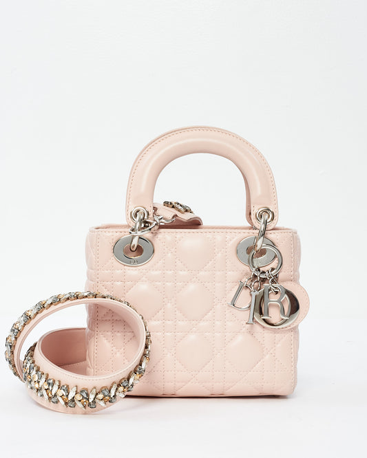 Dior Light Pink Lambskin Leather Cannage Mini Lady Dior Bag w/ Jewel Strap