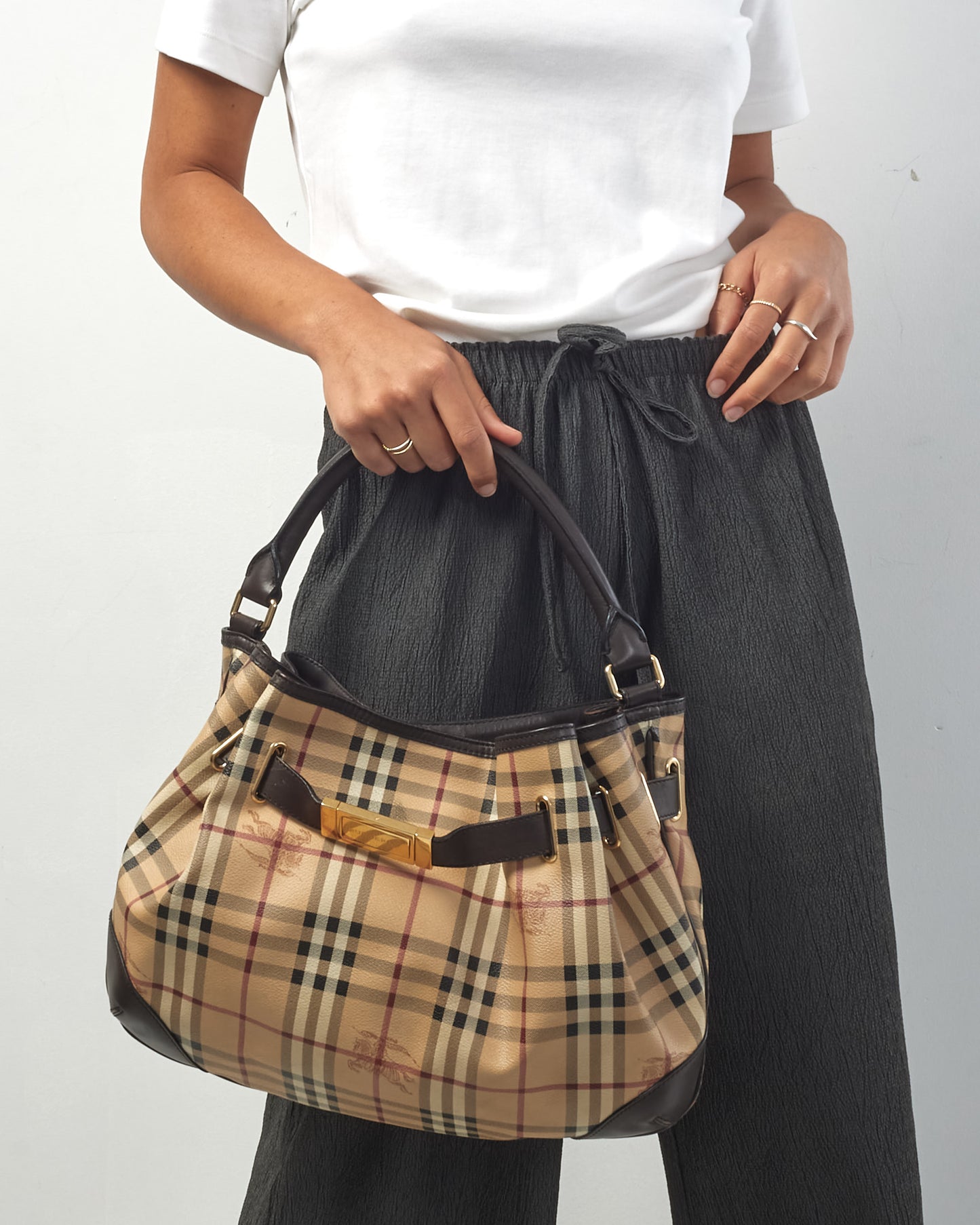 Burberry Haymarket Check Leather Hobo Bag