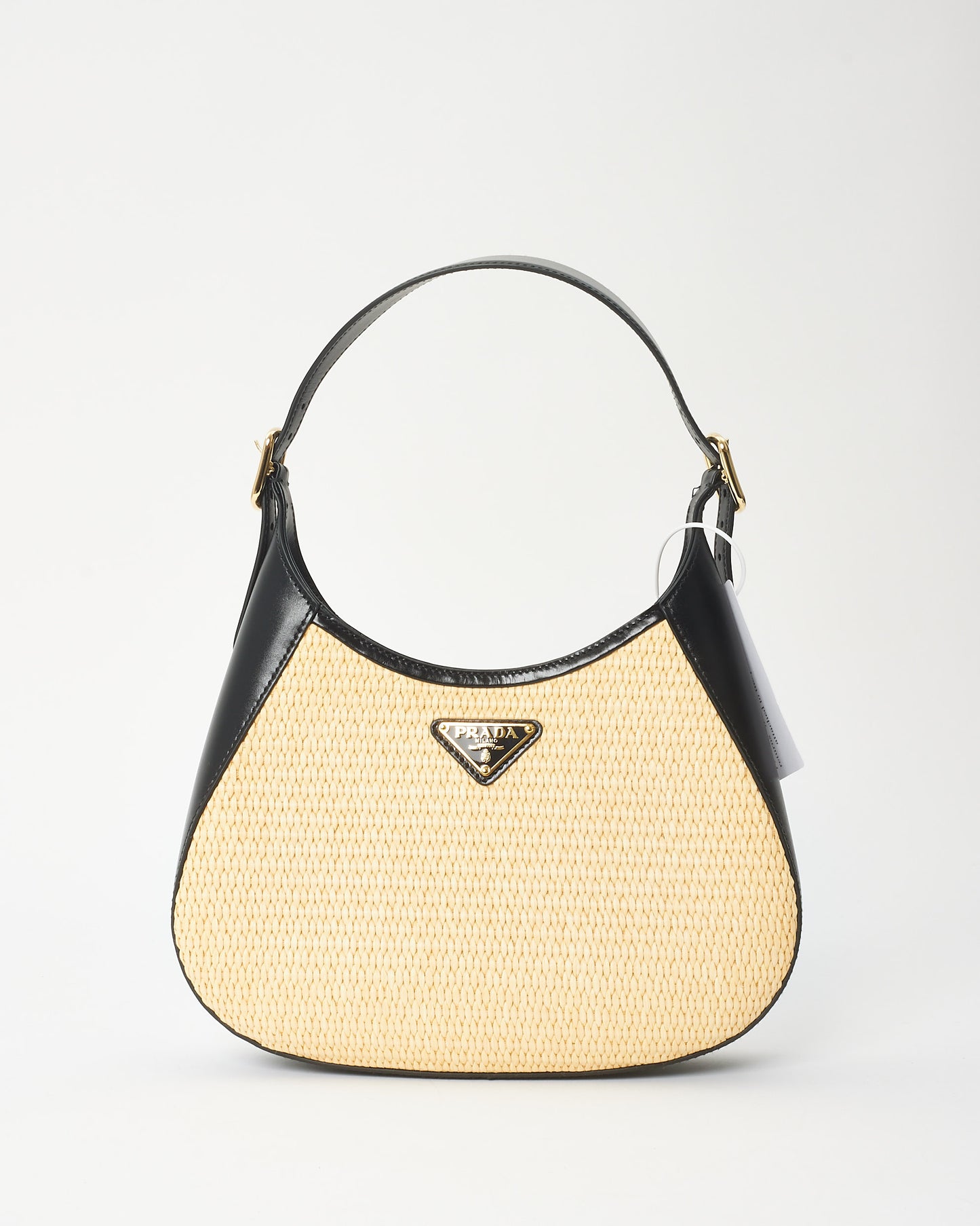 Prada Beige Raffia & Black Leather Small Cleo Bag