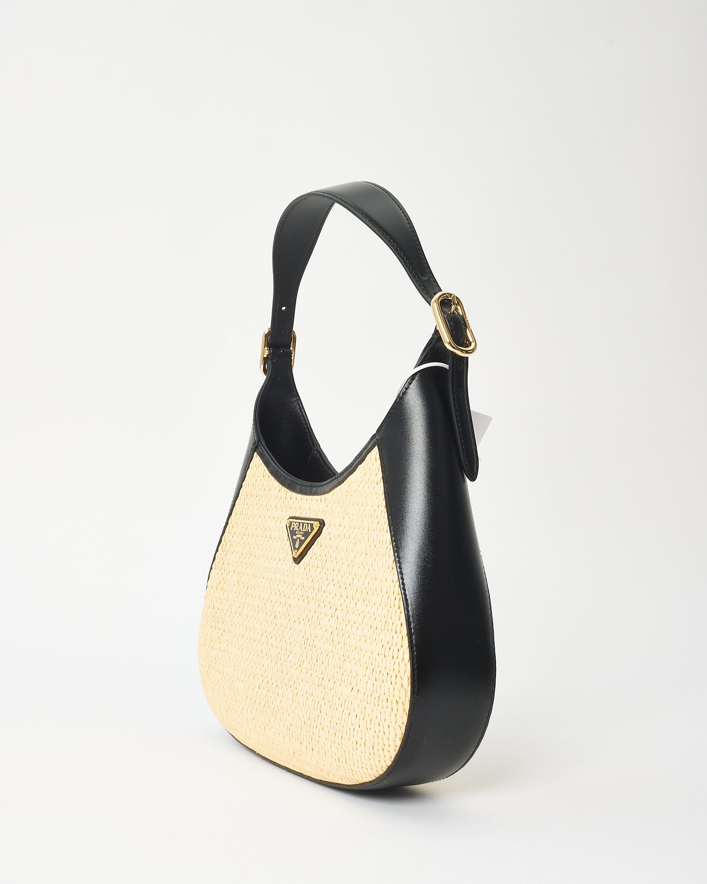 Prada Beige Raffia & Black Leather Small Cleo Bag