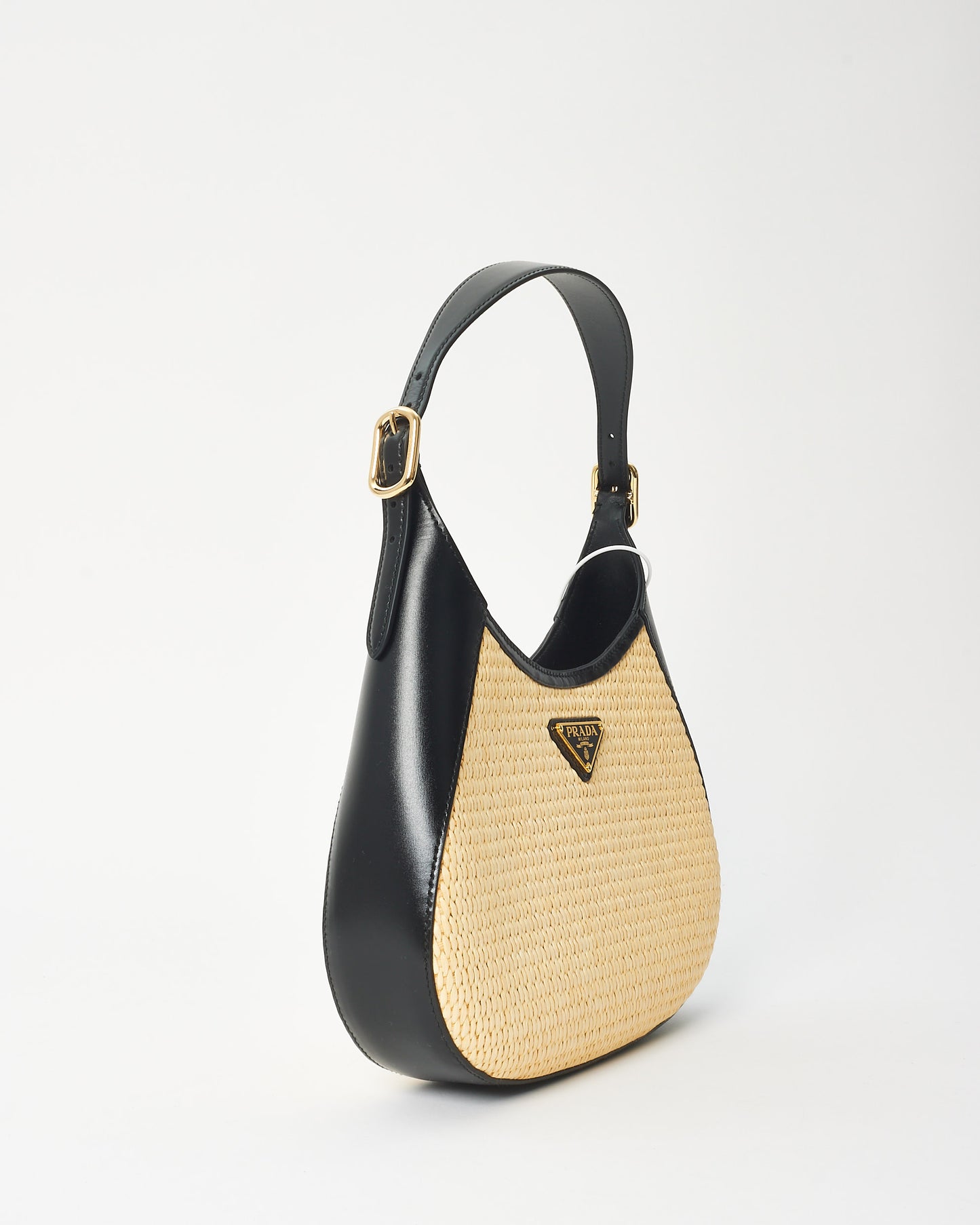 Prada Beige Raffia & Black Leather Small Cleo Bag