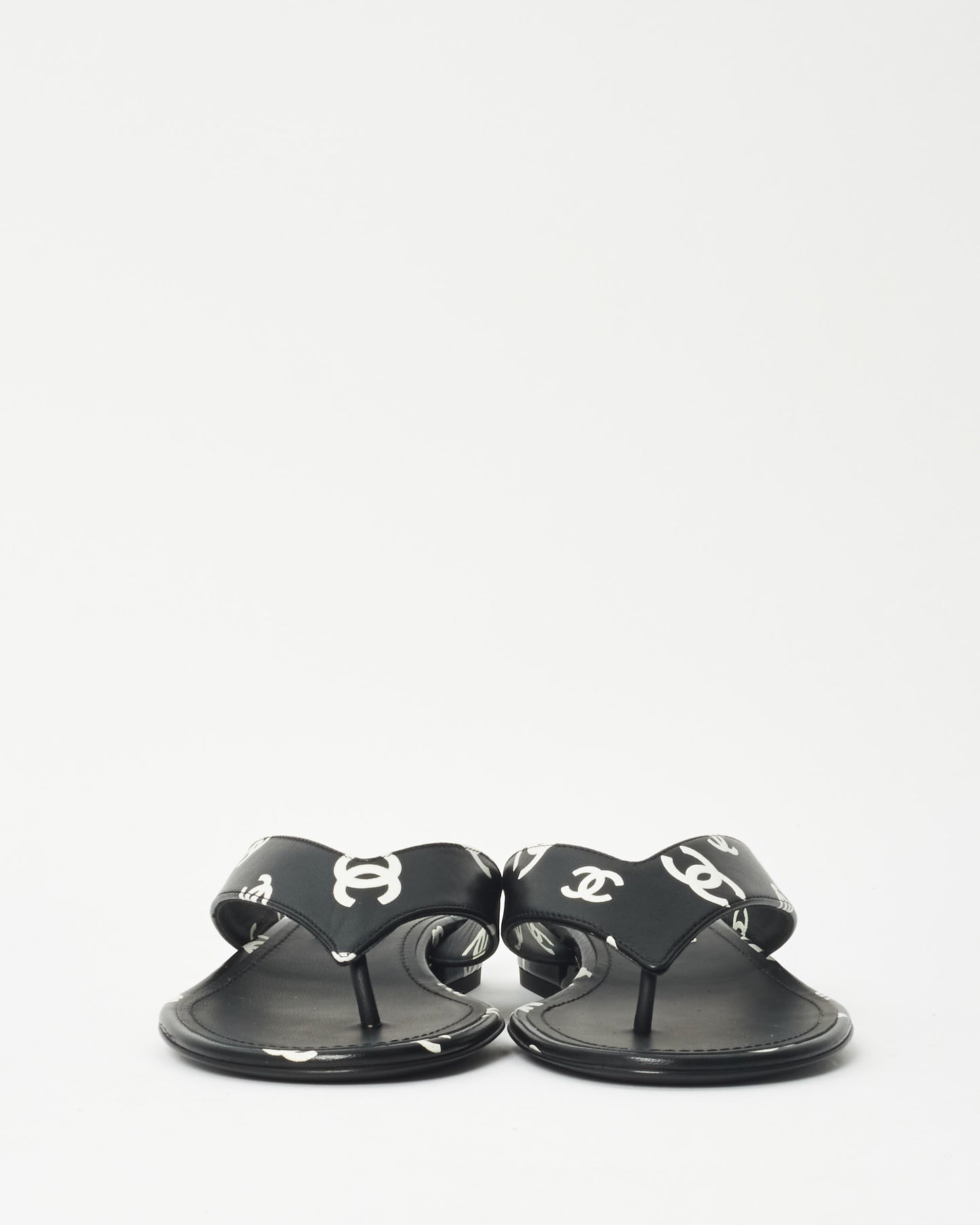 Chanel Black & White Logo Leather 22S Flip Flop Sandals - 35