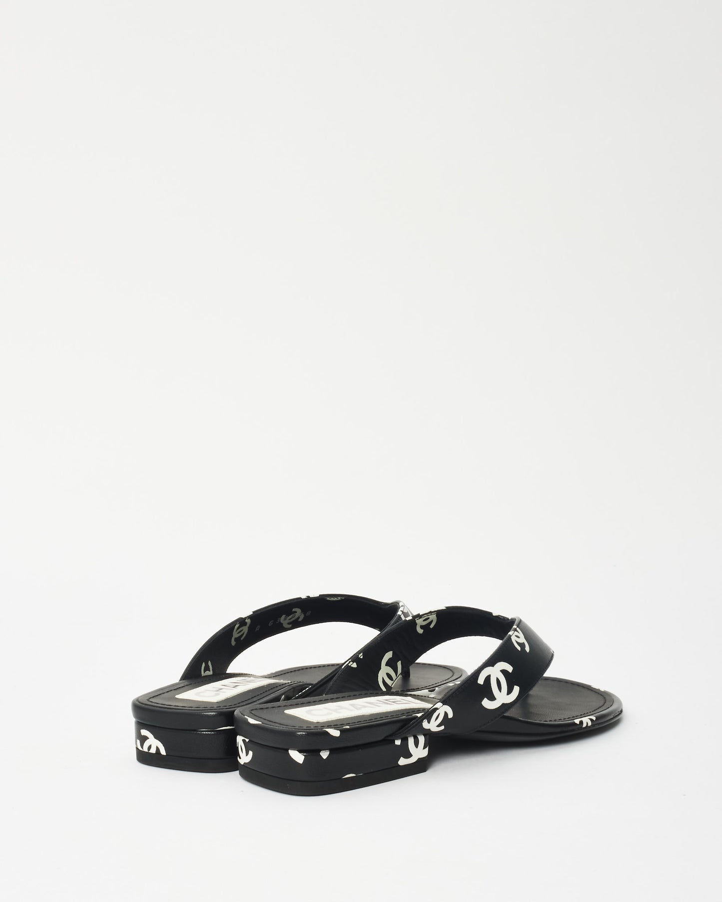 Chanel Black & White Logo Leather 22S Flip Flop Sandals - 35