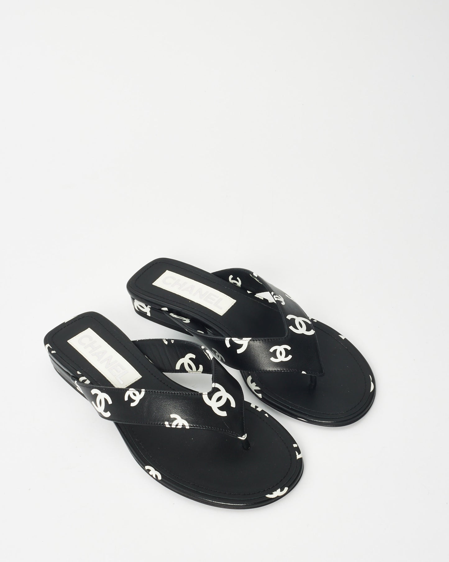 Chanel Black & White Logo Leather 22S Flip Flop Sandals - 35