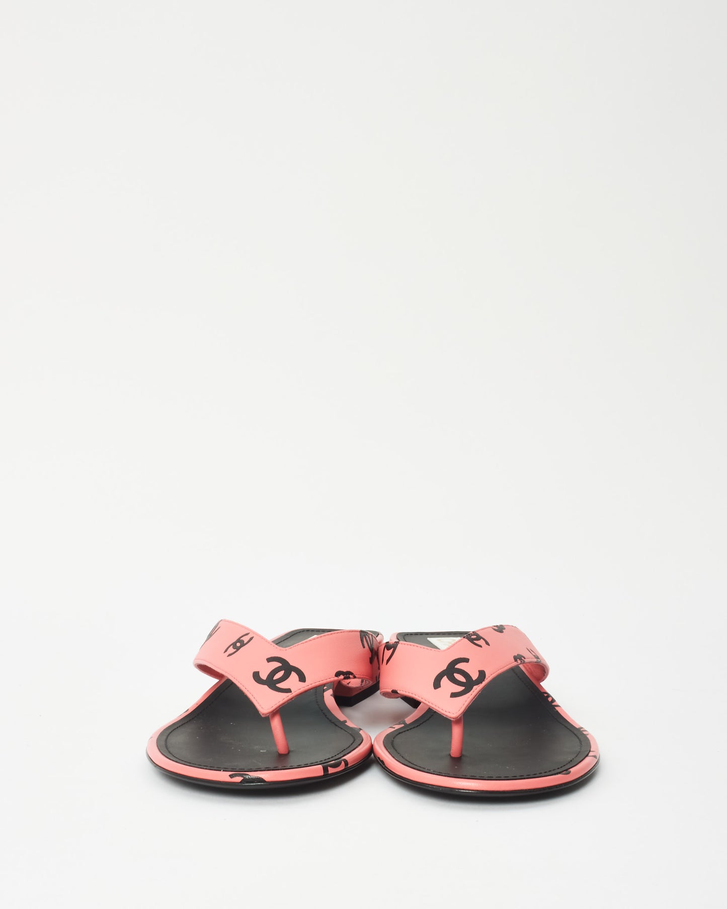 Chanel Pink & Black Logo Leather 22S Flip Flop Sandals - 42