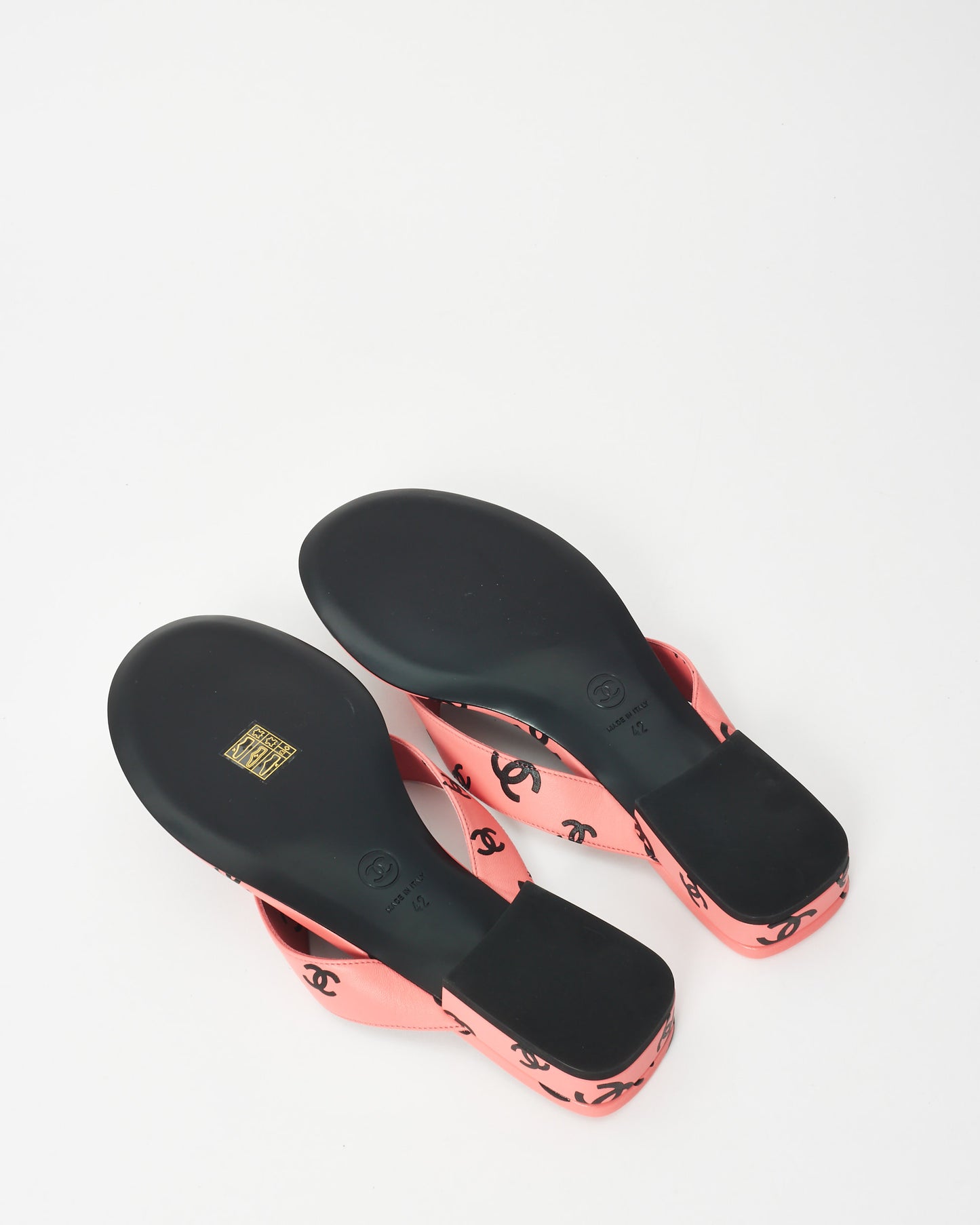 Chanel Pink & Black Logo Leather 22S Flip Flop Sandals - 42