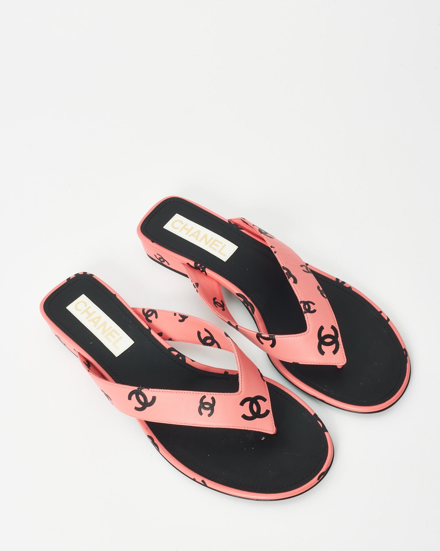 Chanel Pink & Black Logo Leather 22S Flip Flop Sandals - 42