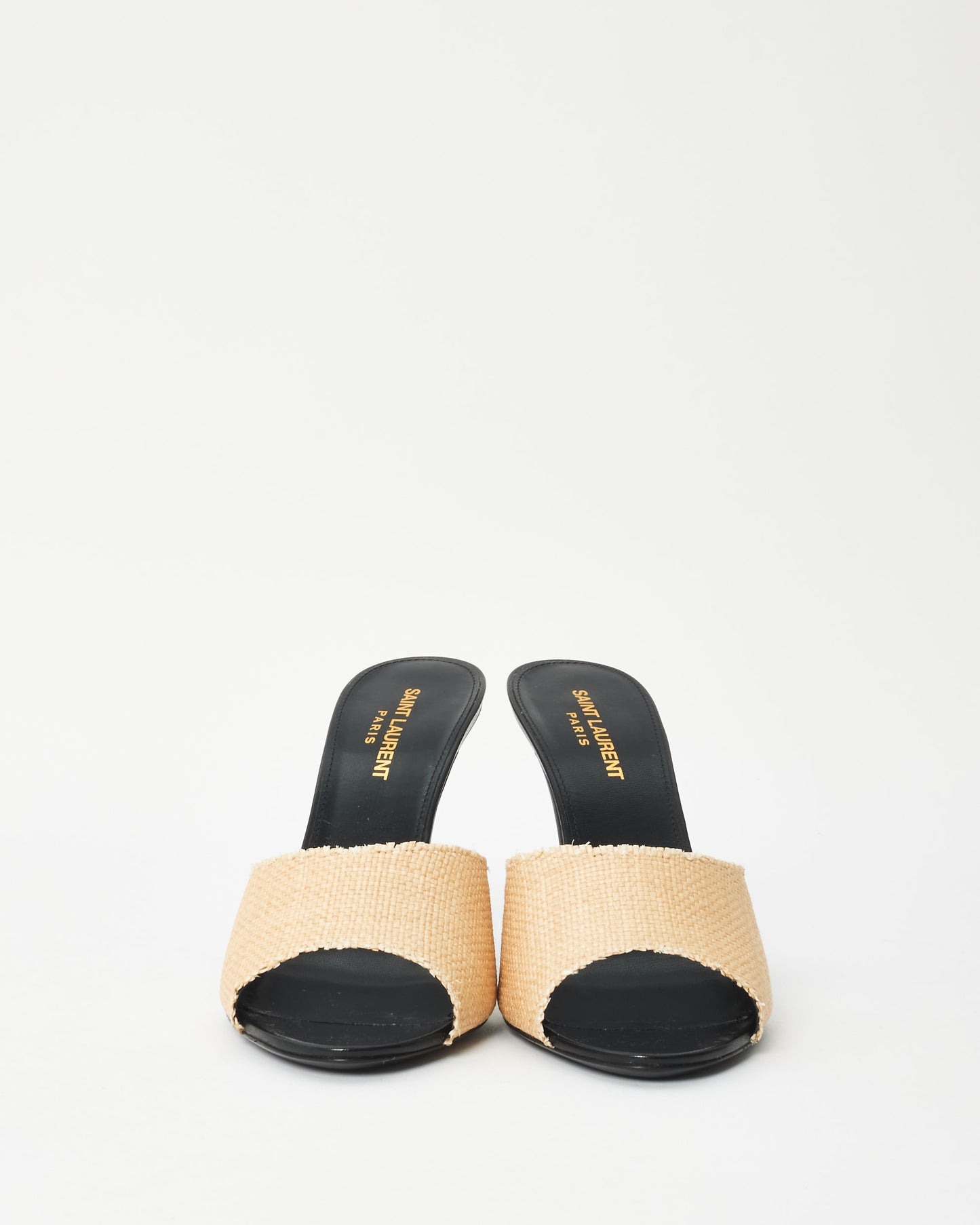 Saint Laurent Black Leather & Beige Raffia LA Mule Heels - 38.5