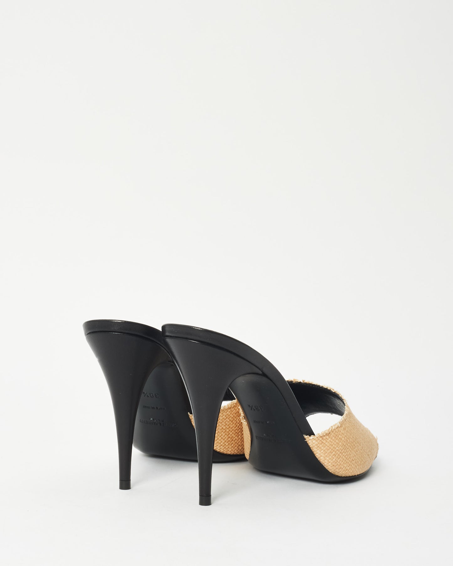 Saint Laurent Black Leather & Beige Raffia LA Mule Heels - 38.5