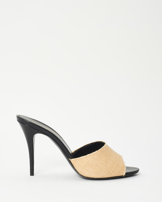 Saint Laurent Black Leather & Beige Raffia LA Mule Heels - 38.5