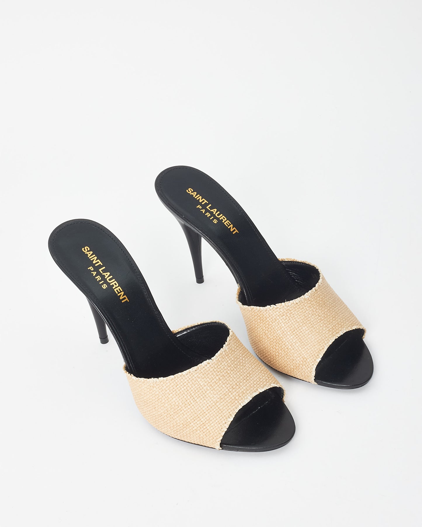 Saint Laurent Black Leather & Beige Raffia LA Mule Heels - 38.5