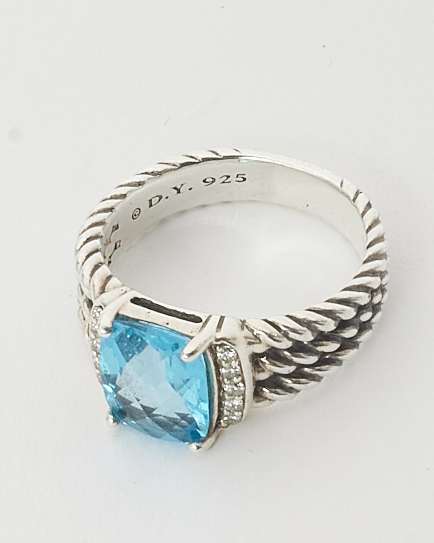 David Yurman 925 Silver Blue Topaz & Diamond Wheaton Ring - 7