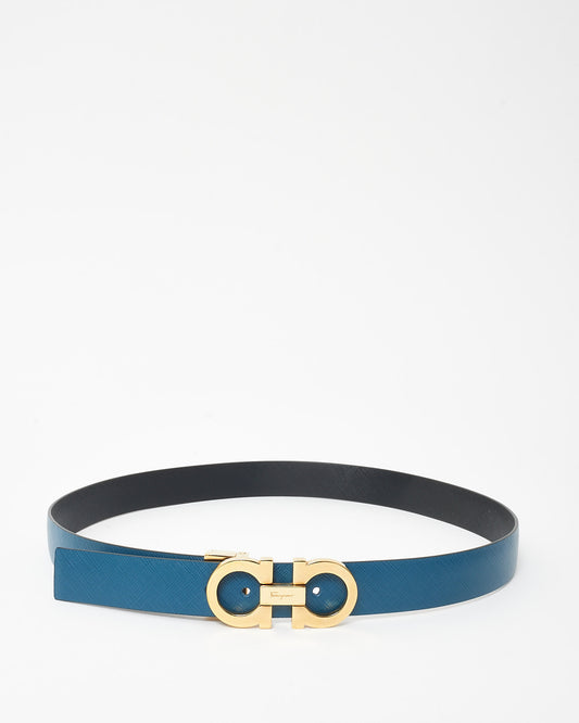 Salvatore Ferragamo Blue & Black Leather Logo Reversible Belt - 80