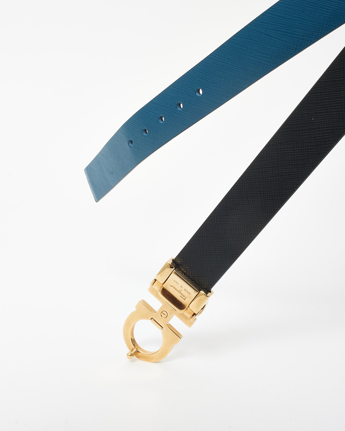 Salvatore Ferragamo Blue & Black Leather Logo Reversible Belt - 80