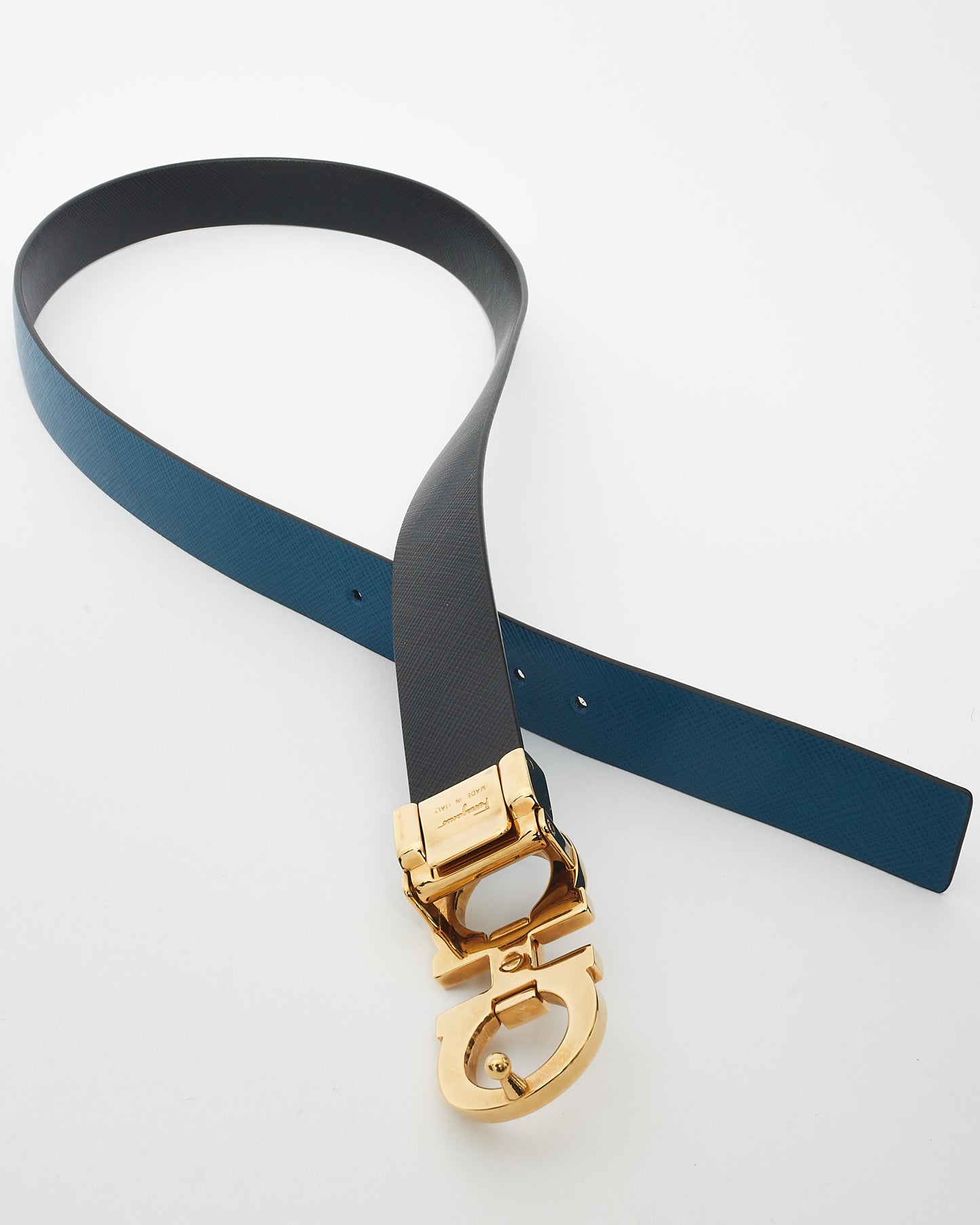 Salvatore Ferragamo Blue & Black Leather Logo Reversible Belt - 80